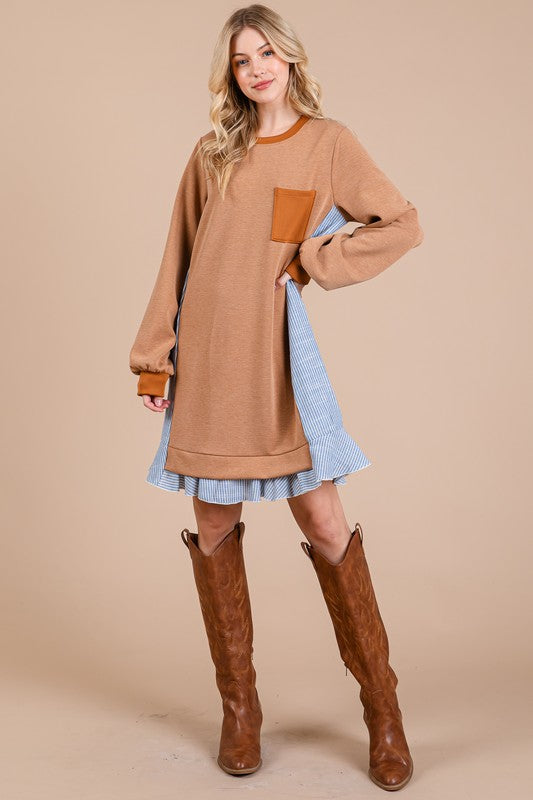 Ces Femme Striped Patchwork Round Neck Terry Sweatshirt Dress-TOPS / DRESSES-[Adult]-[Female]-2022 Online Blue Zone Planet