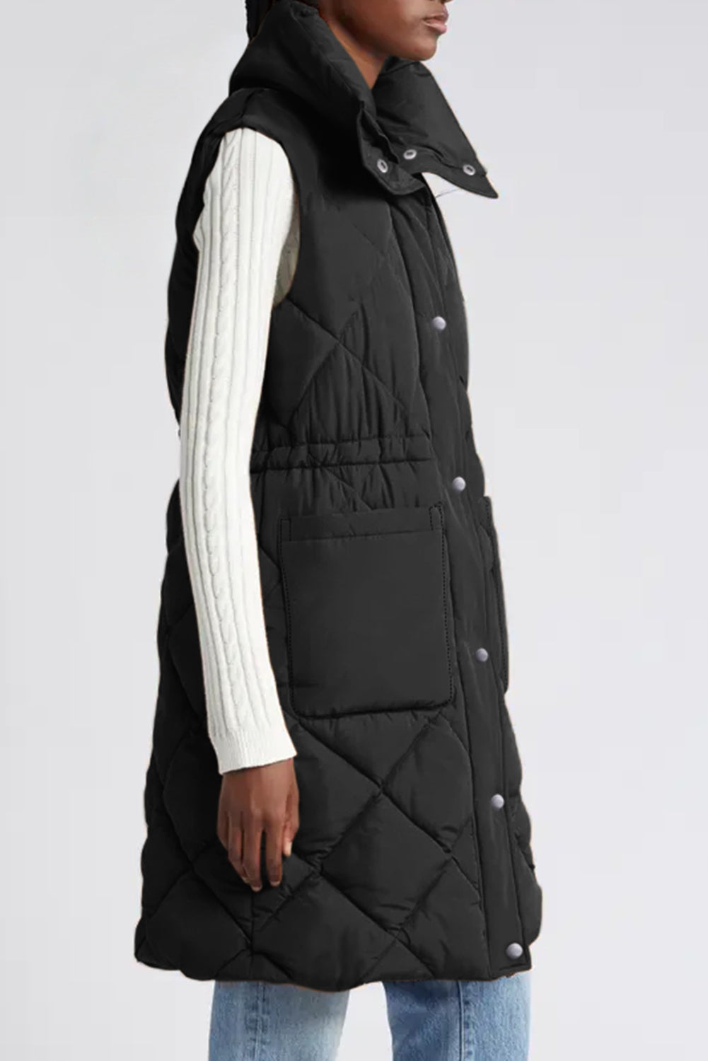 Black Longline Quilted Stand Collar Puffer Vest-Outerwear/Vests-[Adult]-[Female]-2022 Online Blue Zone Planet