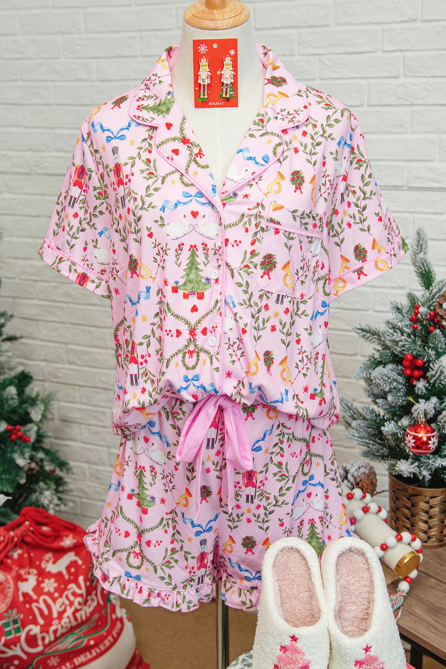 Pink Nutcracker Doll Christmas Print Ribbon Tie Waist Short 2pcs Pajama Set-Loungewear & Sleepwear/Sleepwear-[Adult]-[Female]-2022 Online Blue Zone Planet