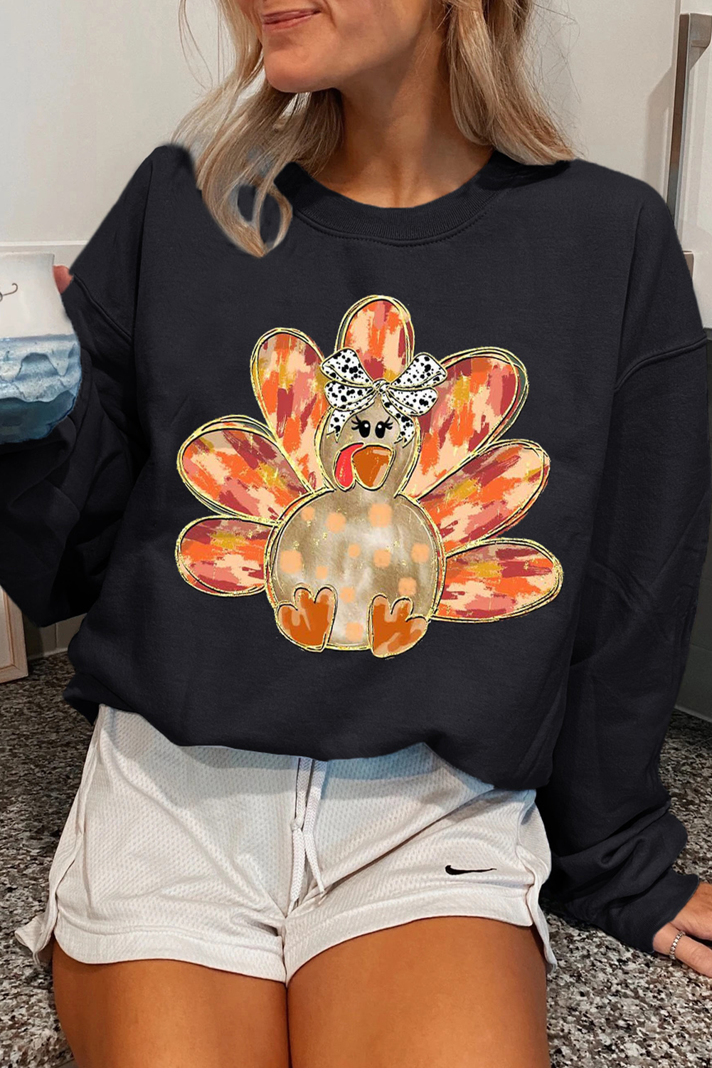 Black Thanksgiving Turkey Graphic Drop Shoulder Sweatshirt-Graphic/Graphic Sweatshirts-[Adult]-[Female]-Black-S-2022 Online Blue Zone Planet