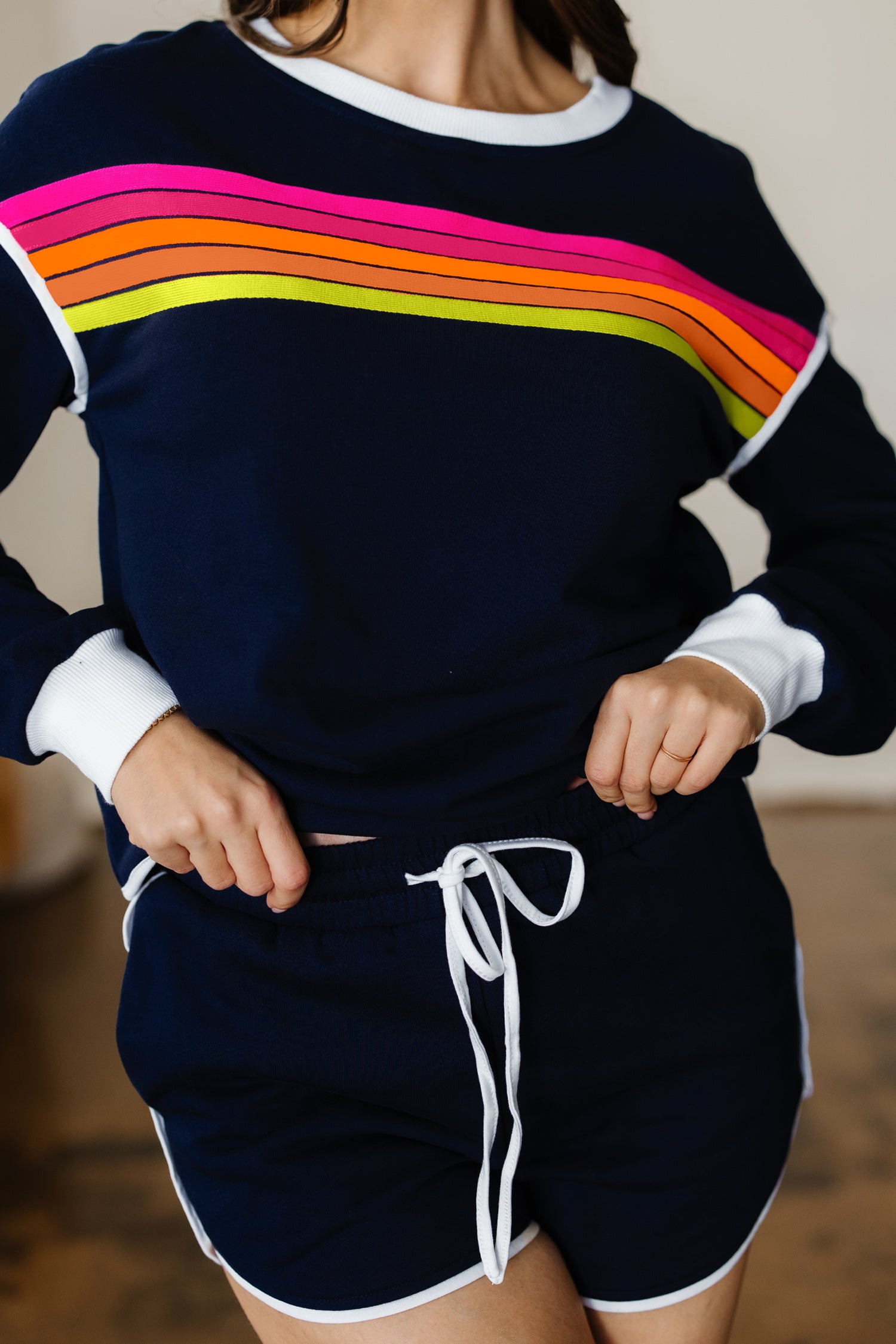 Bluing Colorful Striped Accent Varsity Long Sleeve Pullover and Shorts Matching Set-Two Piece Sets/Short Sets-[Adult]-[Female]-2022 Online Blue Zone Planet