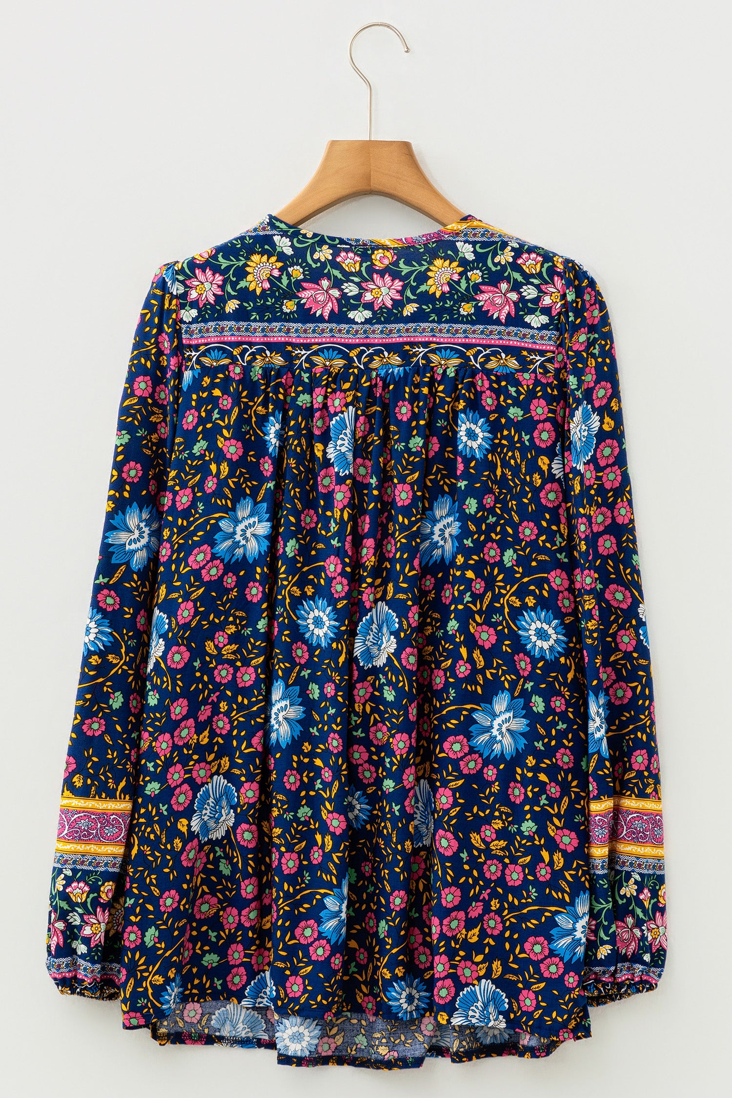 Blue Bohemian Floral Print Tassel Tie Front Long Sleeve Blouse-Tops/Blouses & Shirts-[Adult]-[Female]-2022 Online Blue Zone Planet