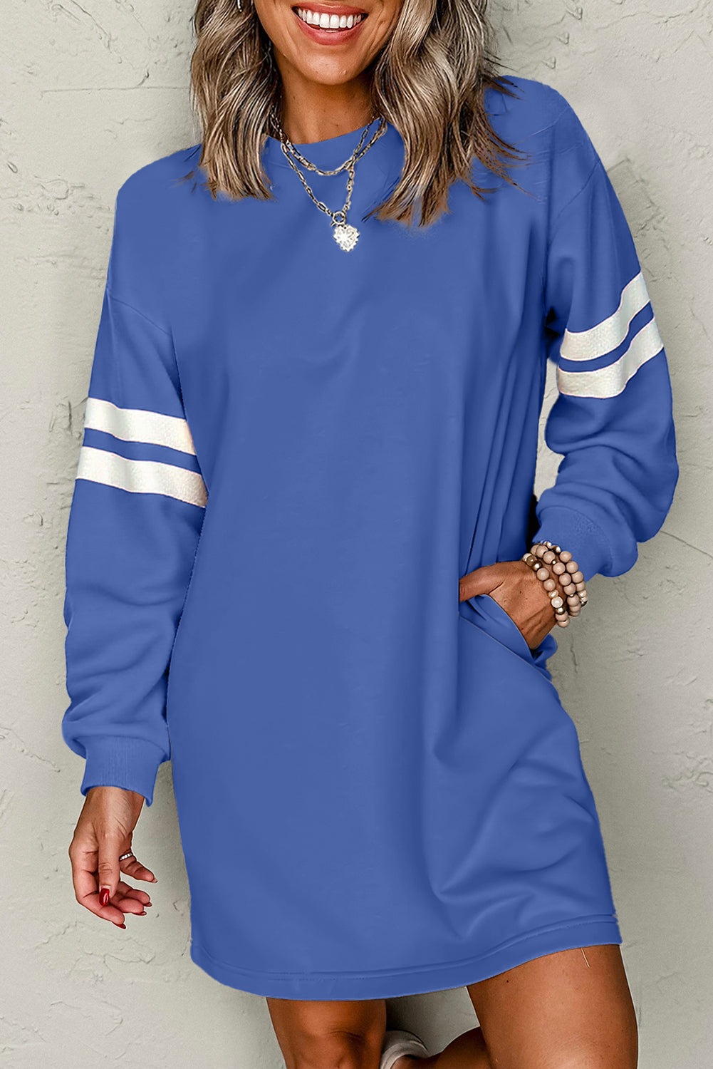 Sky Blue Varsity Contrast Banded Sleeve Shift Sweatshirt Dress-TOPS / DRESSES-[Adult]-[Female]-2022 Online Blue Zone Planet