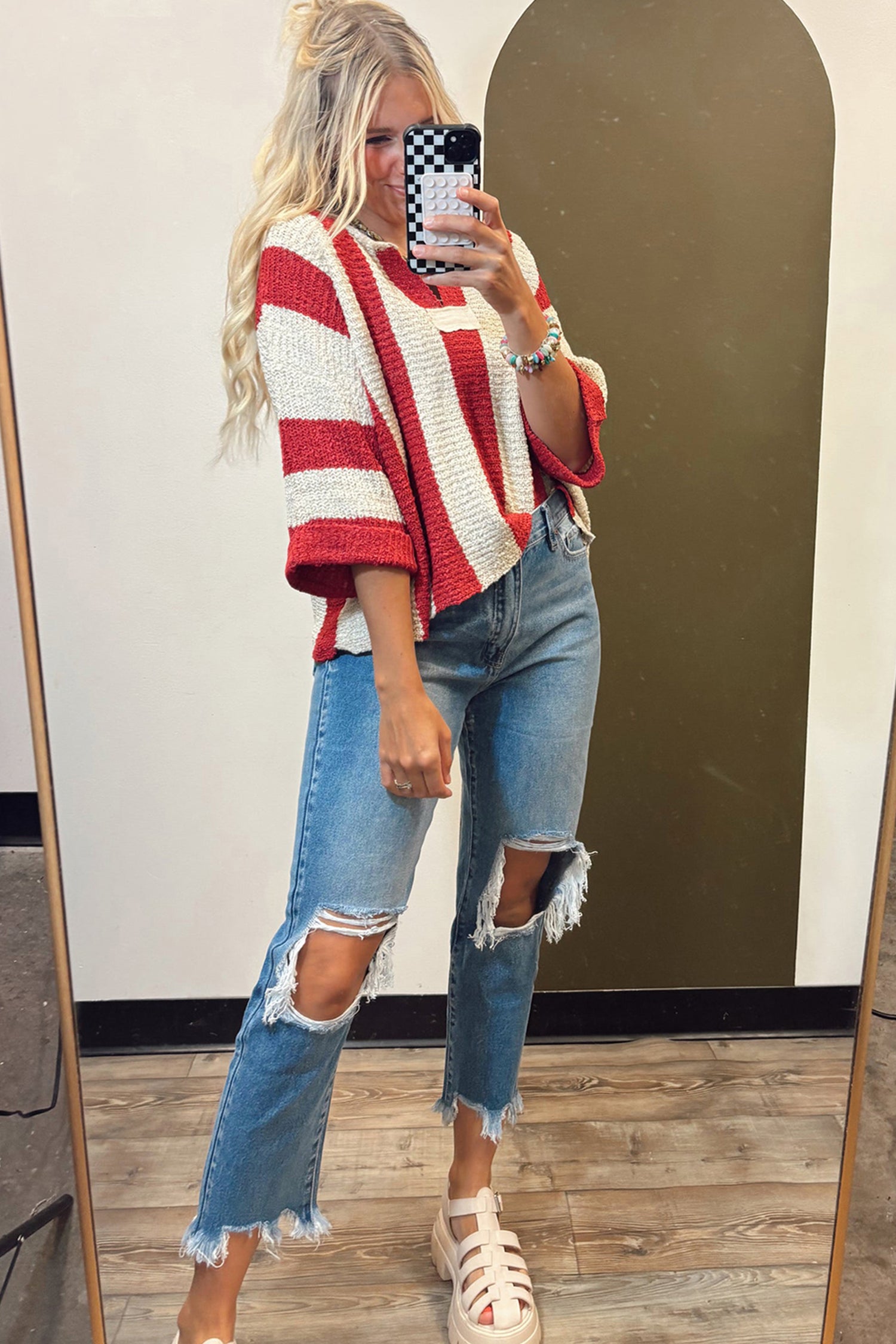 Brown Stripe Colorblock V Neck Bracelet Sleeve Sweater-Bracelet-[Adult]-[Female]-2022 Online Blue Zone Planet