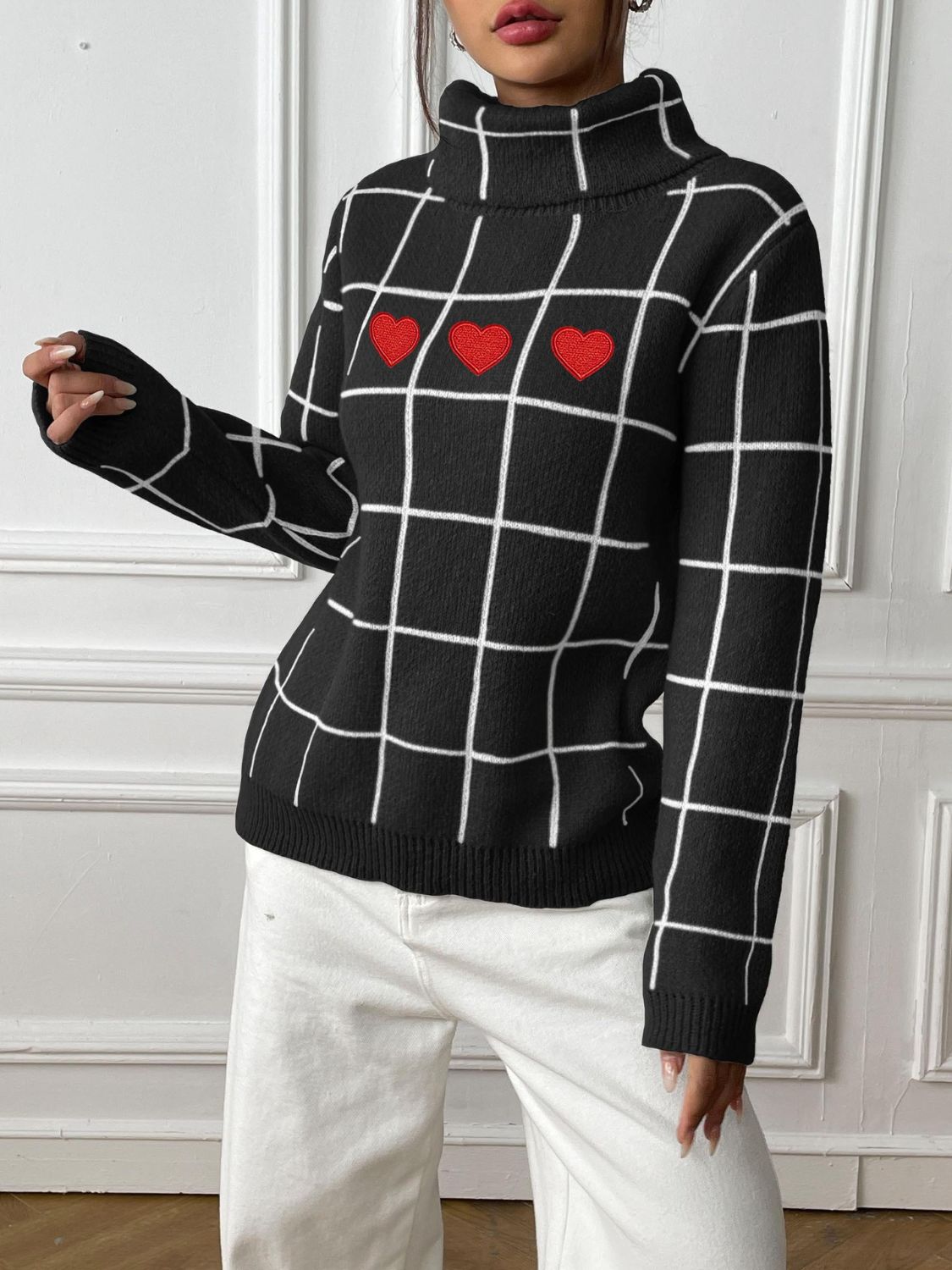 Heart Plaid Turtleneck Long Sleeve Sweater-TOPS / DRESSES-[Adult]-[Female]-Black-S-2022 Online Blue Zone Planet