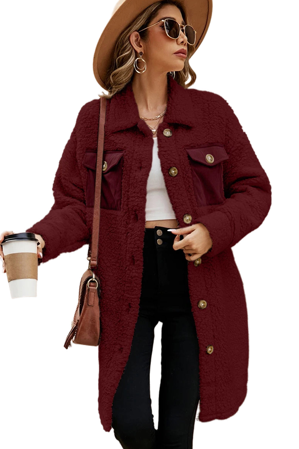 Khaki Contrast Flap Pocket Single Breasted Teddy Coat-Coats-[Adult]-[Female]-2022 Online Blue Zone Planet