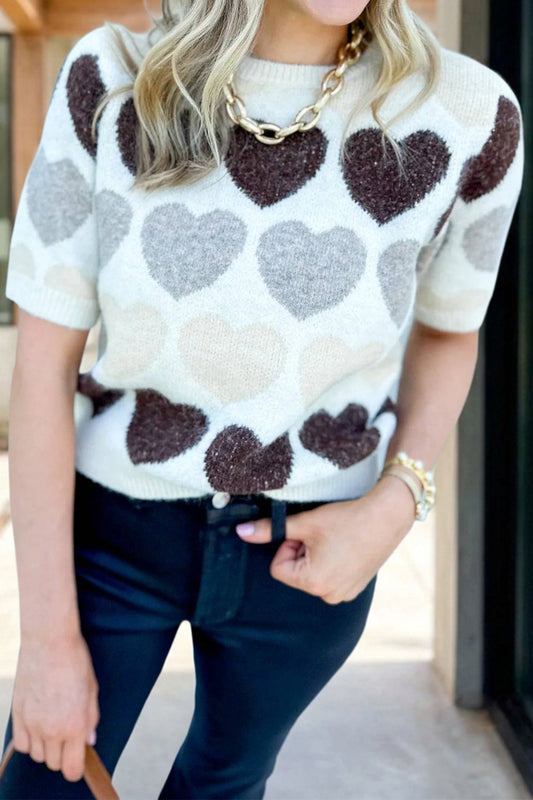 White Valentine Heart Short Sleeve Sweater