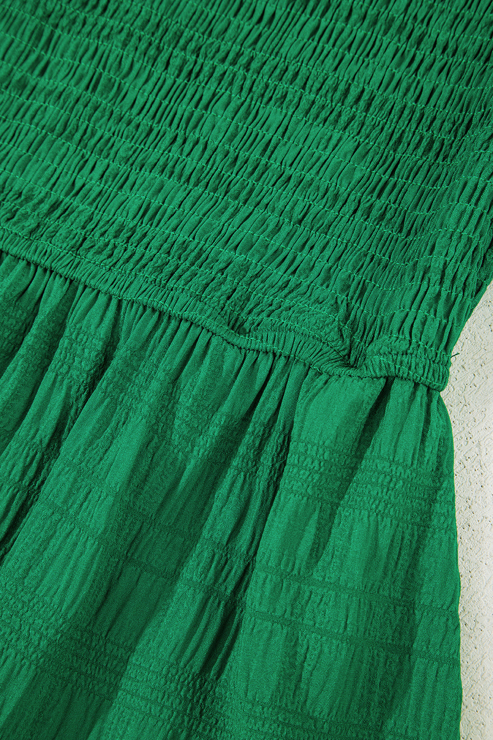Dark Green Solid Textured Smocked Puff Short Sleeve High Waist Long Dress-TOPS / DRESSES-[Adult]-[Female]-2022 Online Blue Zone Planet