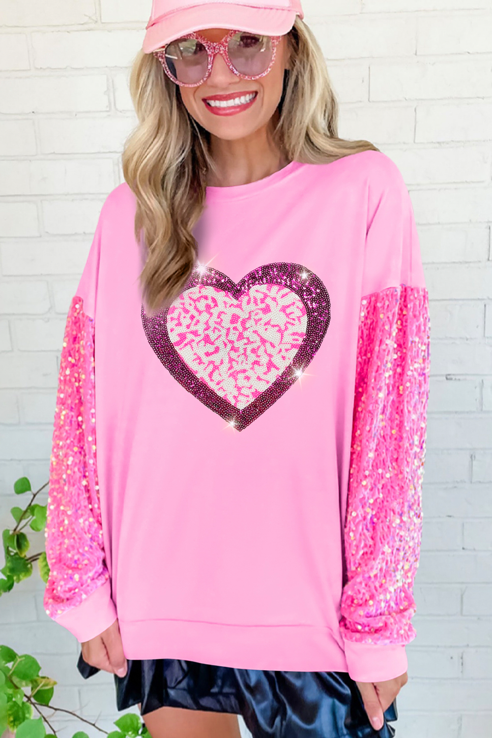 Pink Leopard Heart Graphic Sequin Patchwork Long Sleeve Valentines Top-Graphic Apparel-[Adult]-[Female]-2022 Online Blue Zone Planet