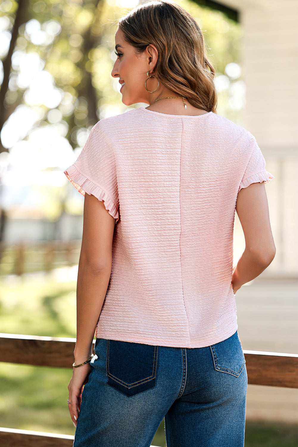 Light Pink Solid Textured Ruffled Short Sleeve Blouse-Tops/Blouses & Shirts-[Adult]-[Female]-2022 Online Blue Zone Planet