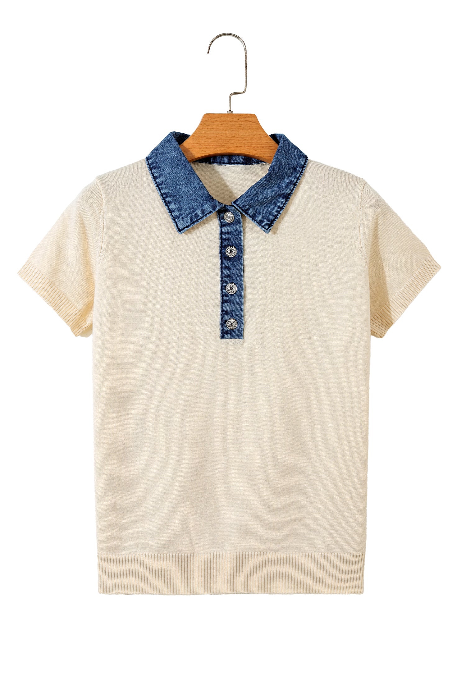 Jet Stream Short Sleeve Knit Denim Patchwork Polo Collar Sweater-TOPS / DRESSES-[Adult]-[Female]-2022 Online Blue Zone Planet