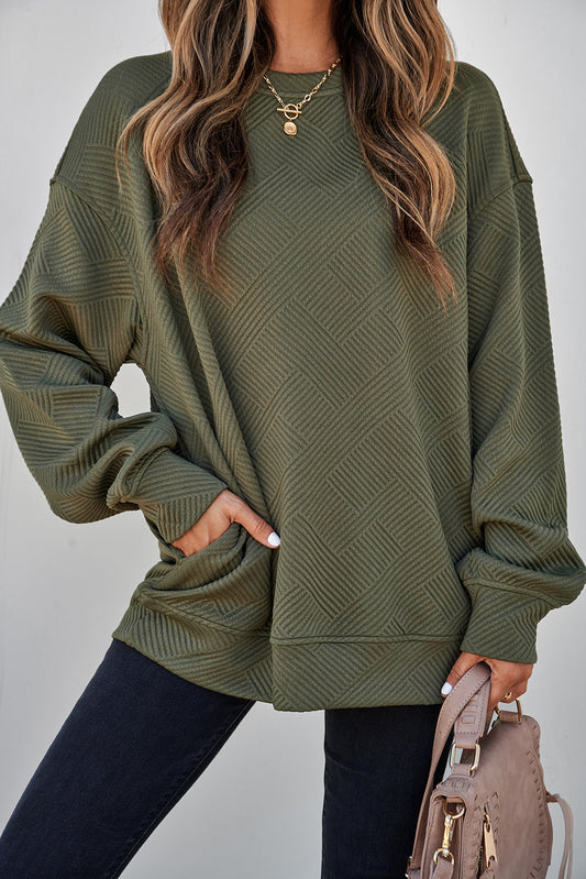 Jungle Green Solid Color Textured Round Neck Drop Shoulder Pullover Sweatshirt-Tops/Sweatshirts & Hoodies-[Adult]-[Female]-Jungle Green-S-2022 Online Blue Zone Planet