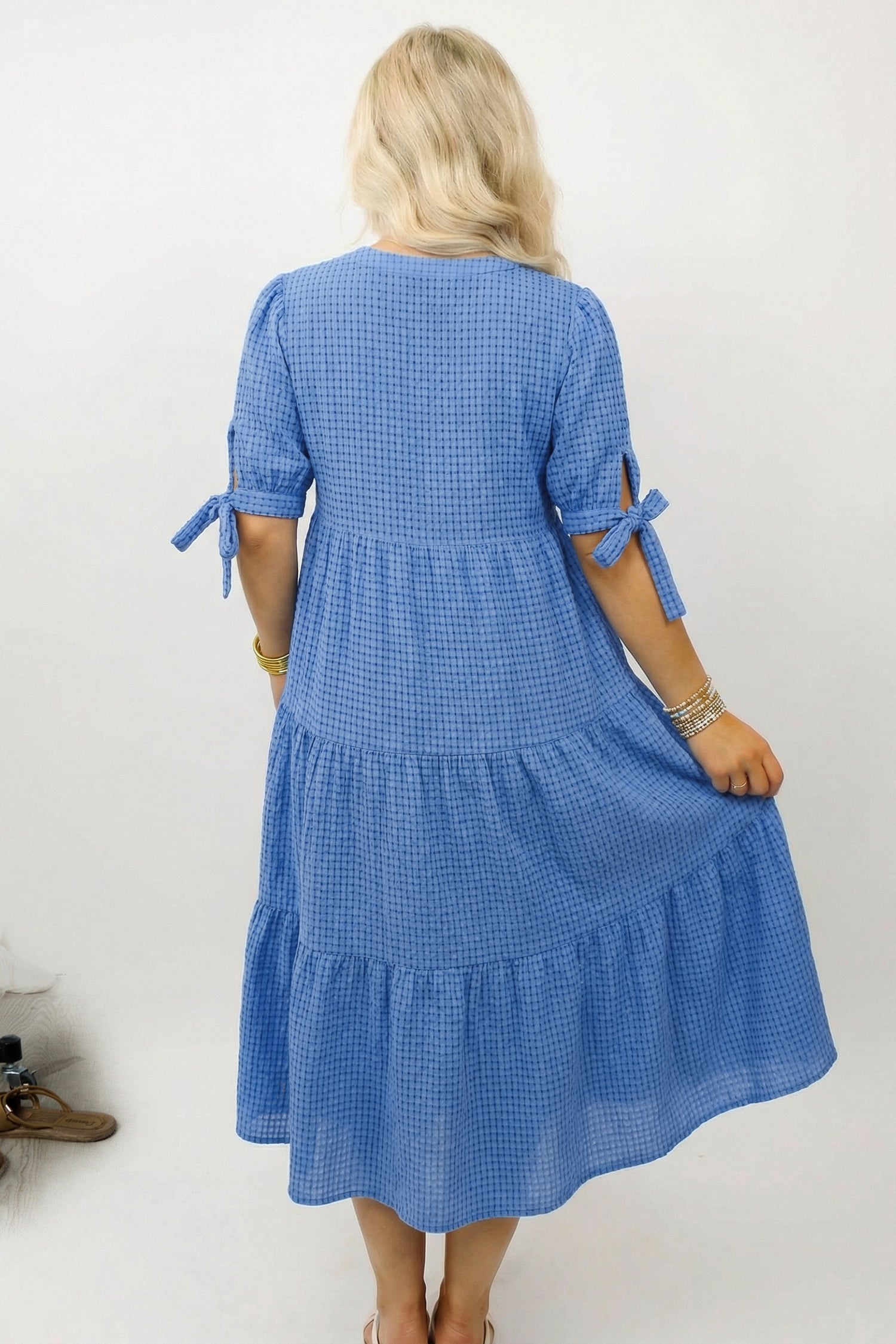Dusk Blue Gingham Textured Bow Tie Short Sleeve Tiered Midi Dress-Dresses/Midi Dresses-[Adult]-[Female]-2022 Online Blue Zone Planet