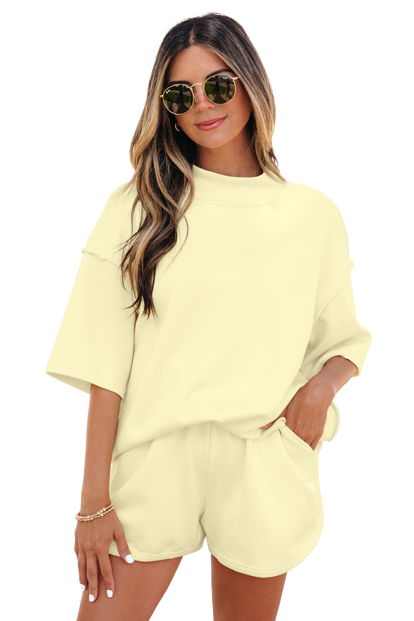 Light Pink Solid Color Exposed Seam Mock Neck Oversize Tee Casual Shorts 2pcs Outfit-Two Piece Sets/Short Sets-[Adult]-[Female]-2022 Online Blue Zone Planet