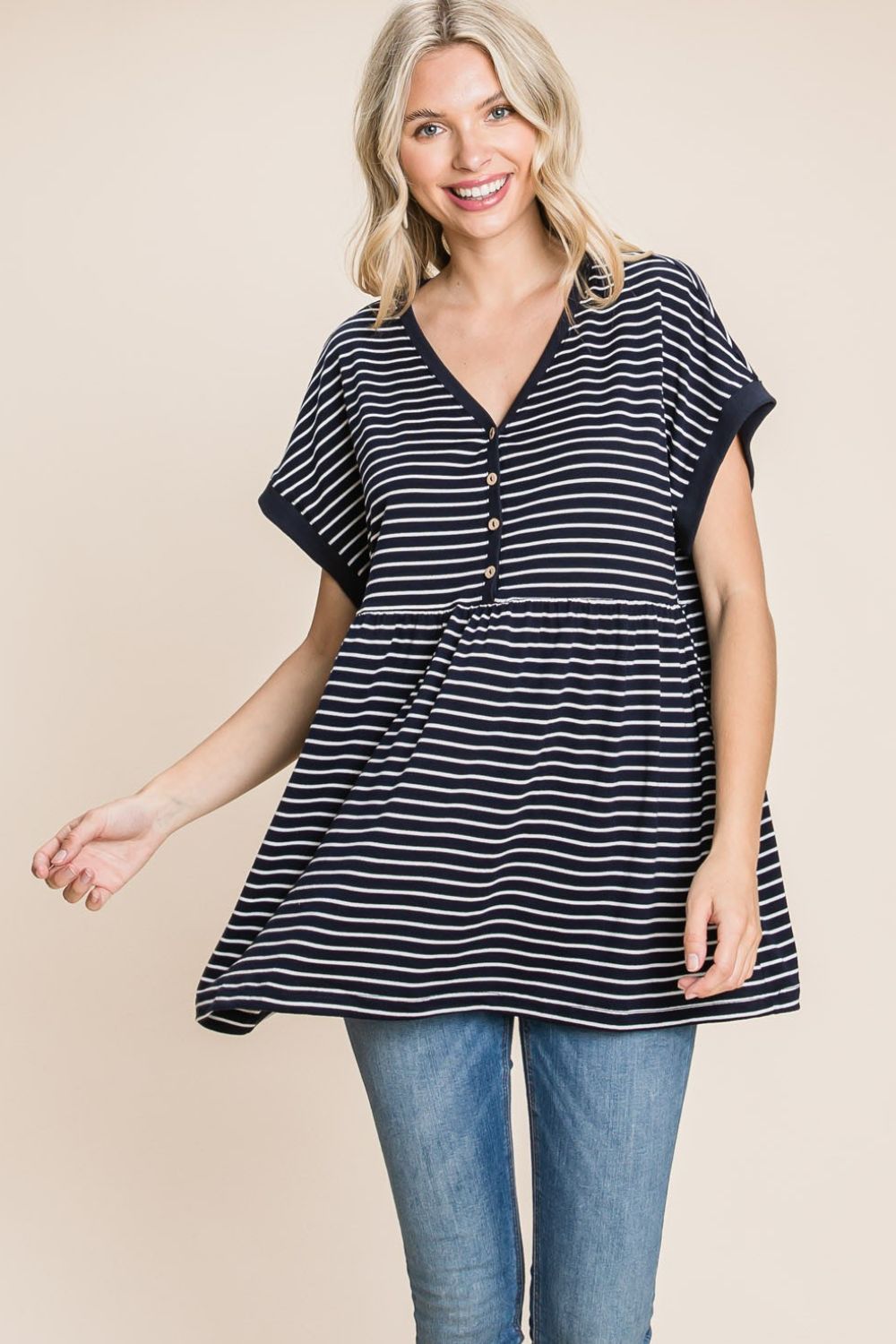 Blue Zone Planet | Cotton Bleu by Nu Label Striped Button Front Baby Doll Top-TOPS / DRESSES-[Adult]-[Female]-2022 Online Blue Zone Planet