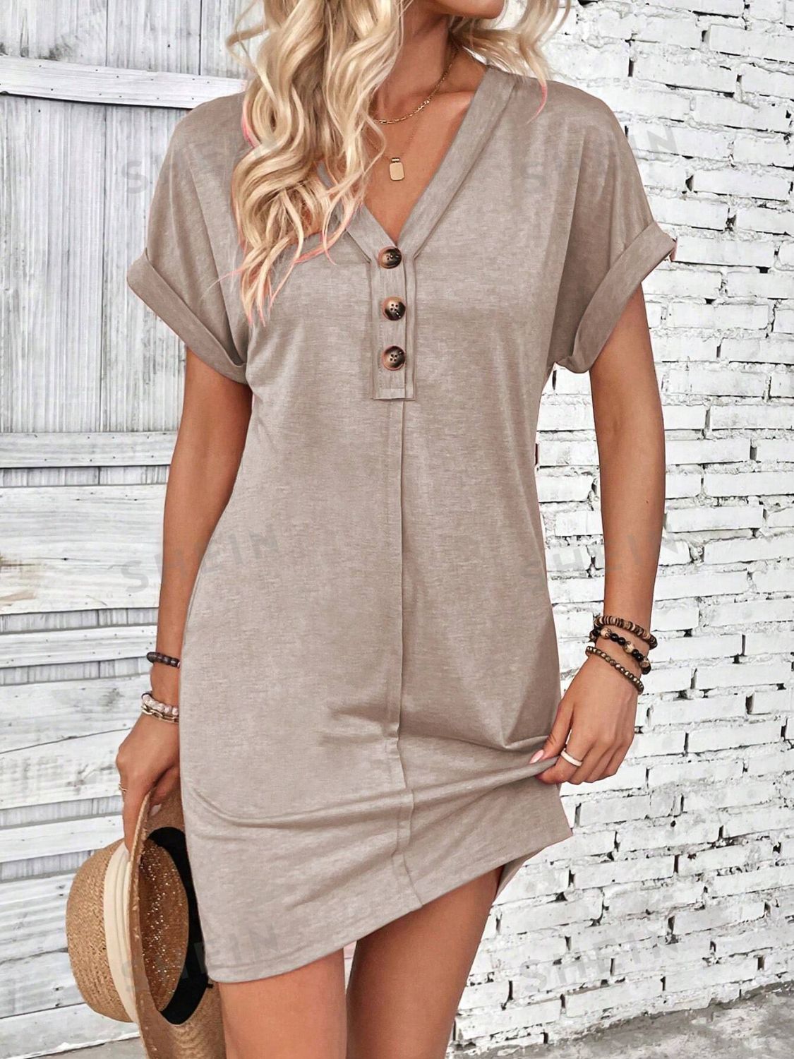 Quarter Button V-Neck Short Sleeve Dress-TOPS / DRESSES-[Adult]-[Female]-2022 Online Blue Zone Planet