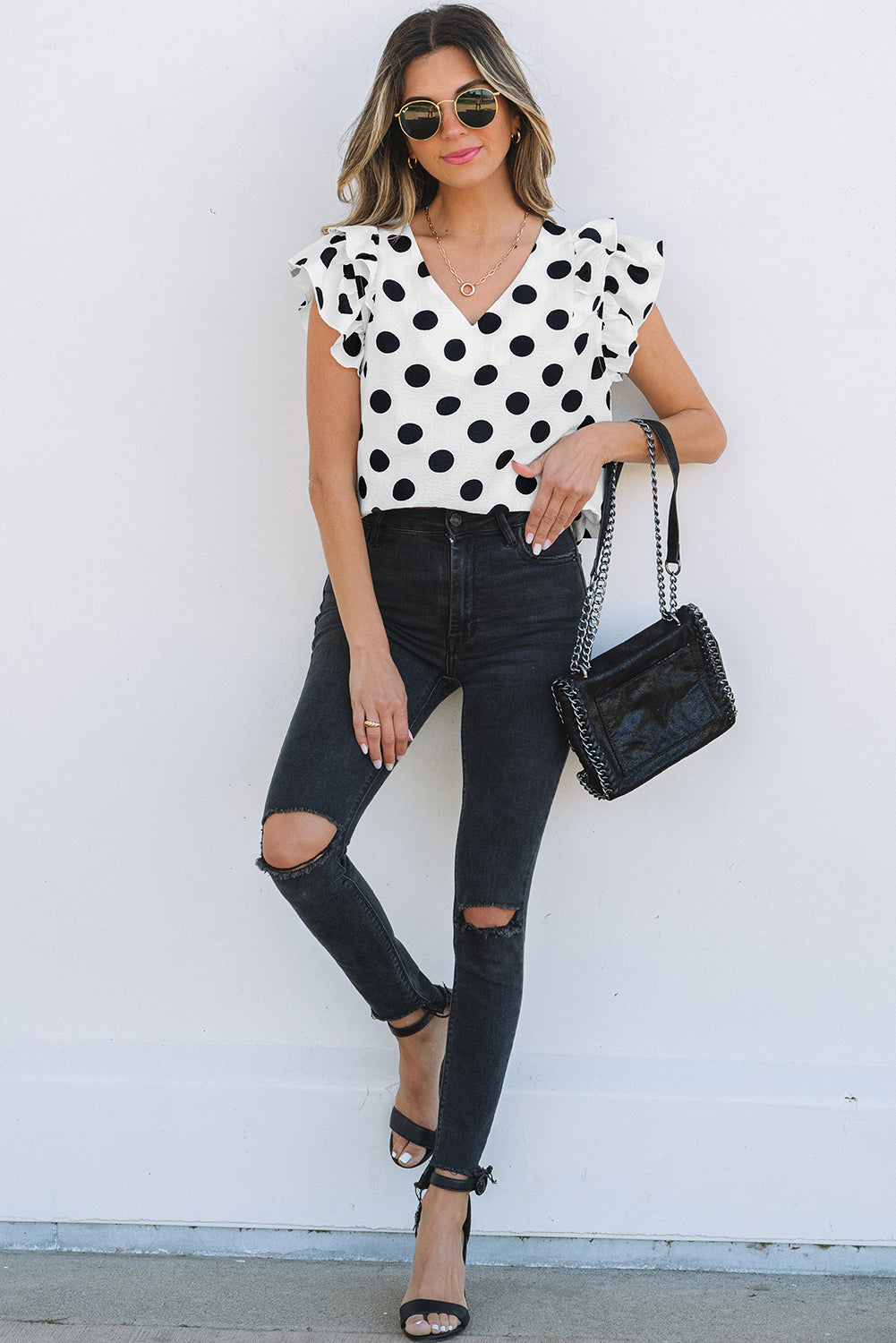 White Polka Dot Print Ruffled Sleeve V Neck Blouse-Tops/Blouses & Shirts-[Adult]-[Female]-2022 Online Blue Zone Planet