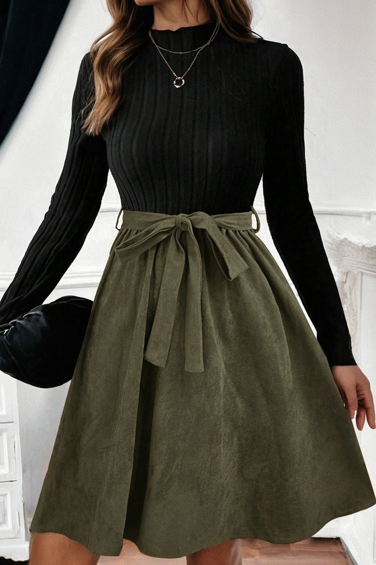Black Ribbed Knit Slim Bodice Contrast Flared Skirt Patchwork Belted Dress