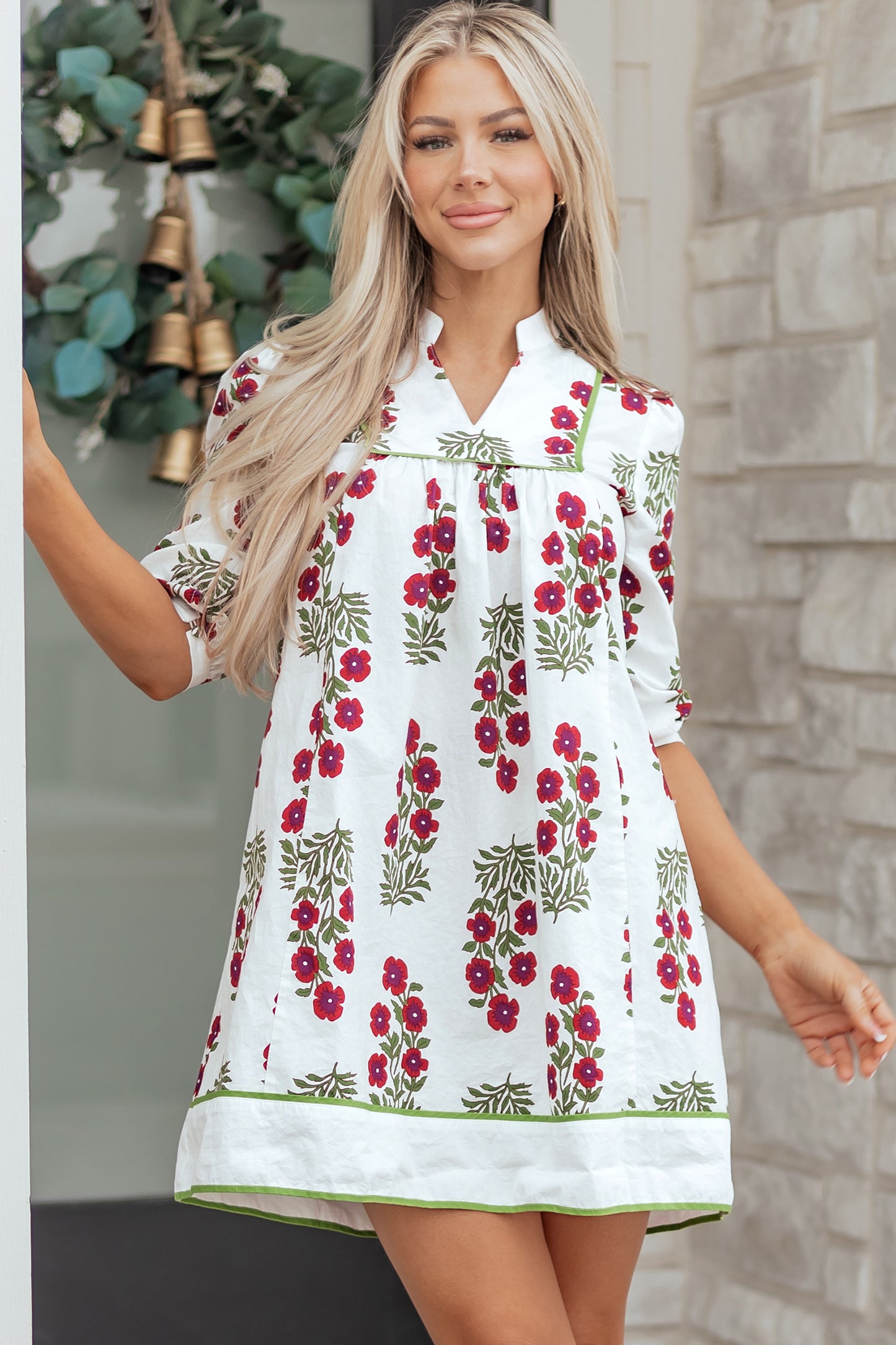 White Frilled V Neck 3/4 Sleeve Loose Floral Dress-TOPS / DRESSES-[Adult]-[Female]-2022 Online Blue Zone Planet