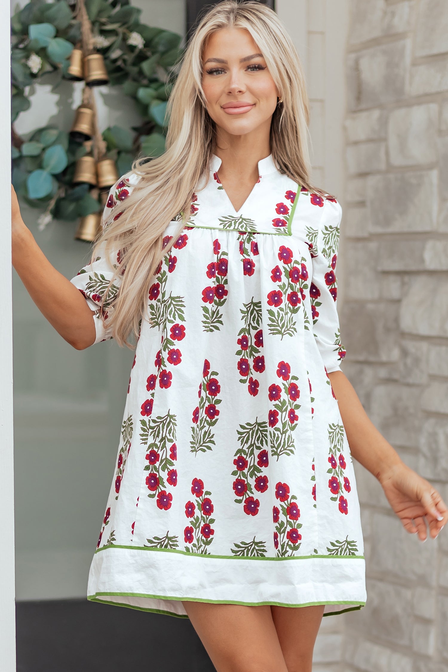 White Frilled V Neck 3/4 Sleeve Loose Floral Dress-TOPS / DRESSES-[Adult]-[Female]-2022 Online Blue Zone Planet