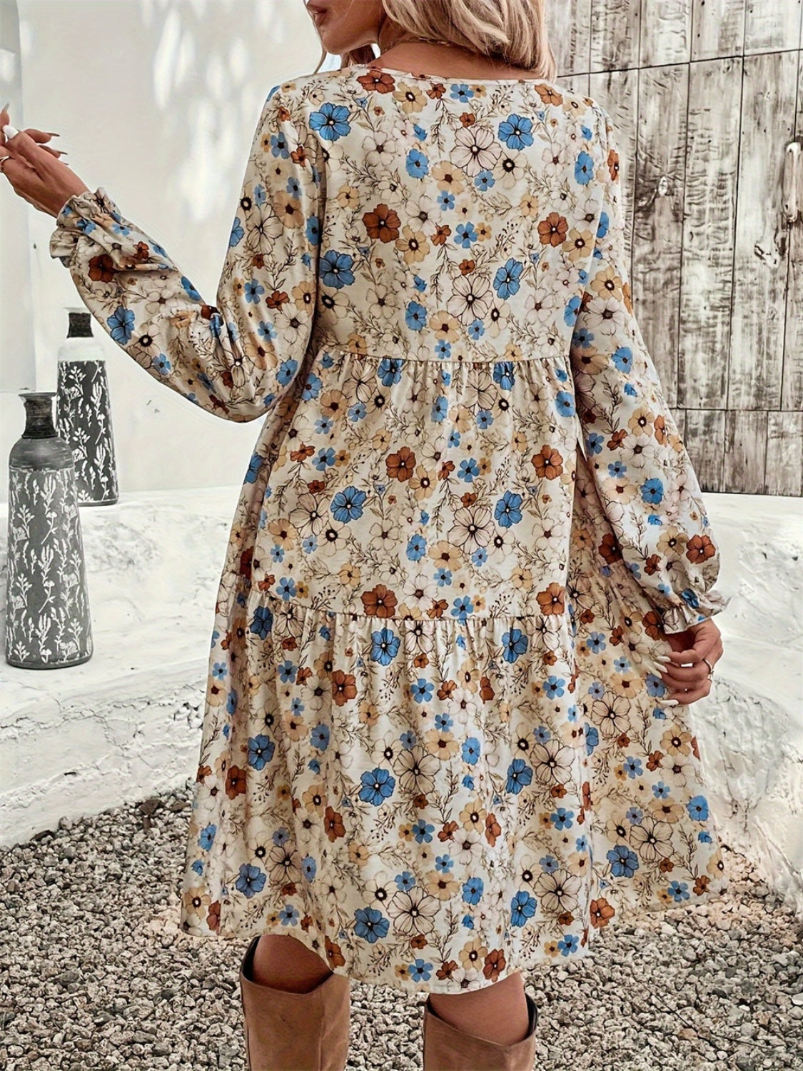 Blue Zone Planet | Ruffled Printed Round Neck Long Sleeve Dress-TOPS / DRESSES-[Adult]-[Female]-2022 Online Blue Zone Planet