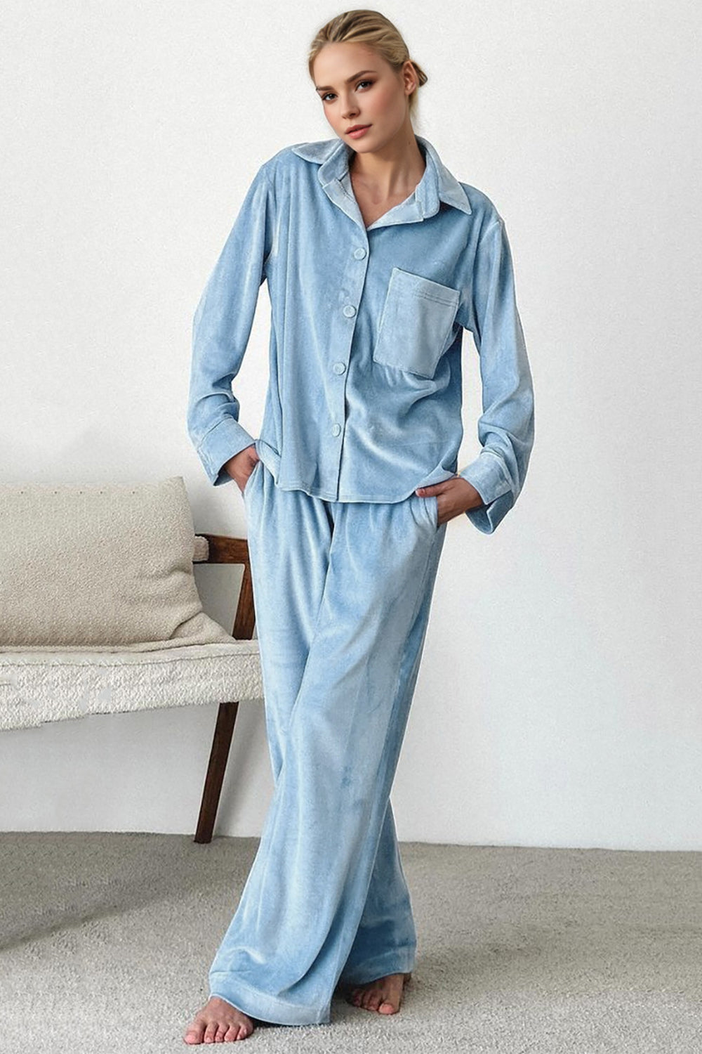 Basic Bae Buttery-Soft Collared Neck Button Up Top and Pants Set-TOPS / DRESSES-[Adult]-[Female]-2022 Online Blue Zone Planet