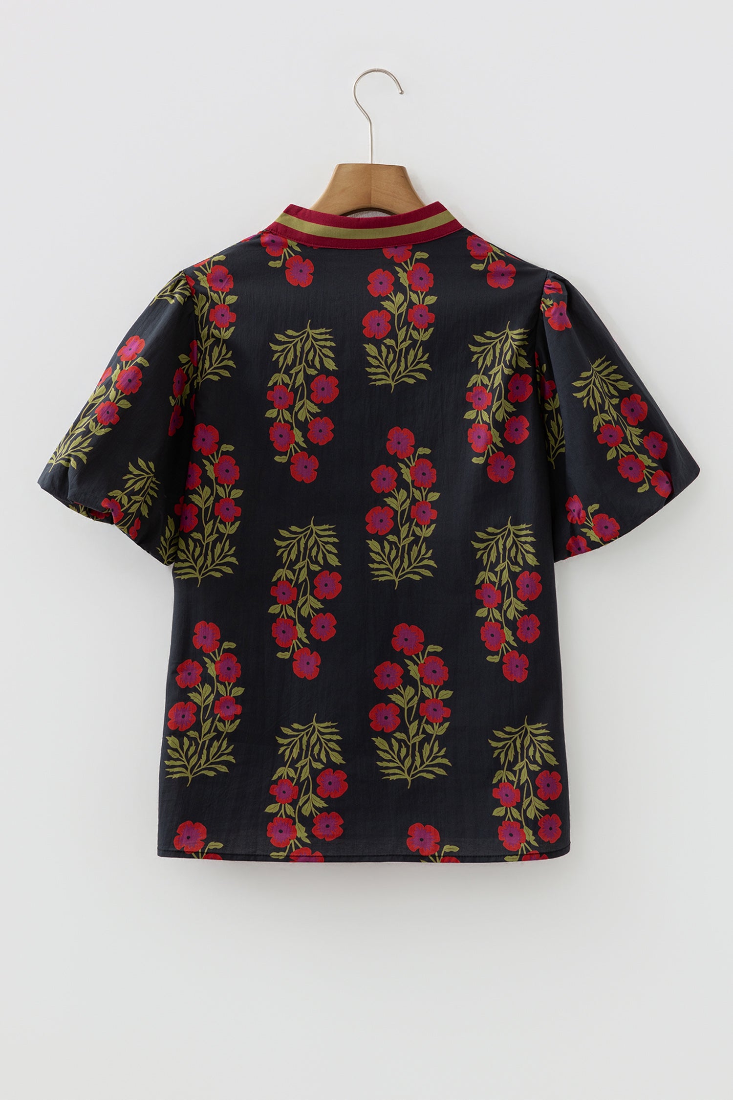 Black Floral Short Bubble Sleeve Contrast Slit Neckline Blouse-Tops/Blouses & Shirts-[Adult]-[Female]-2022 Online Blue Zone Planet