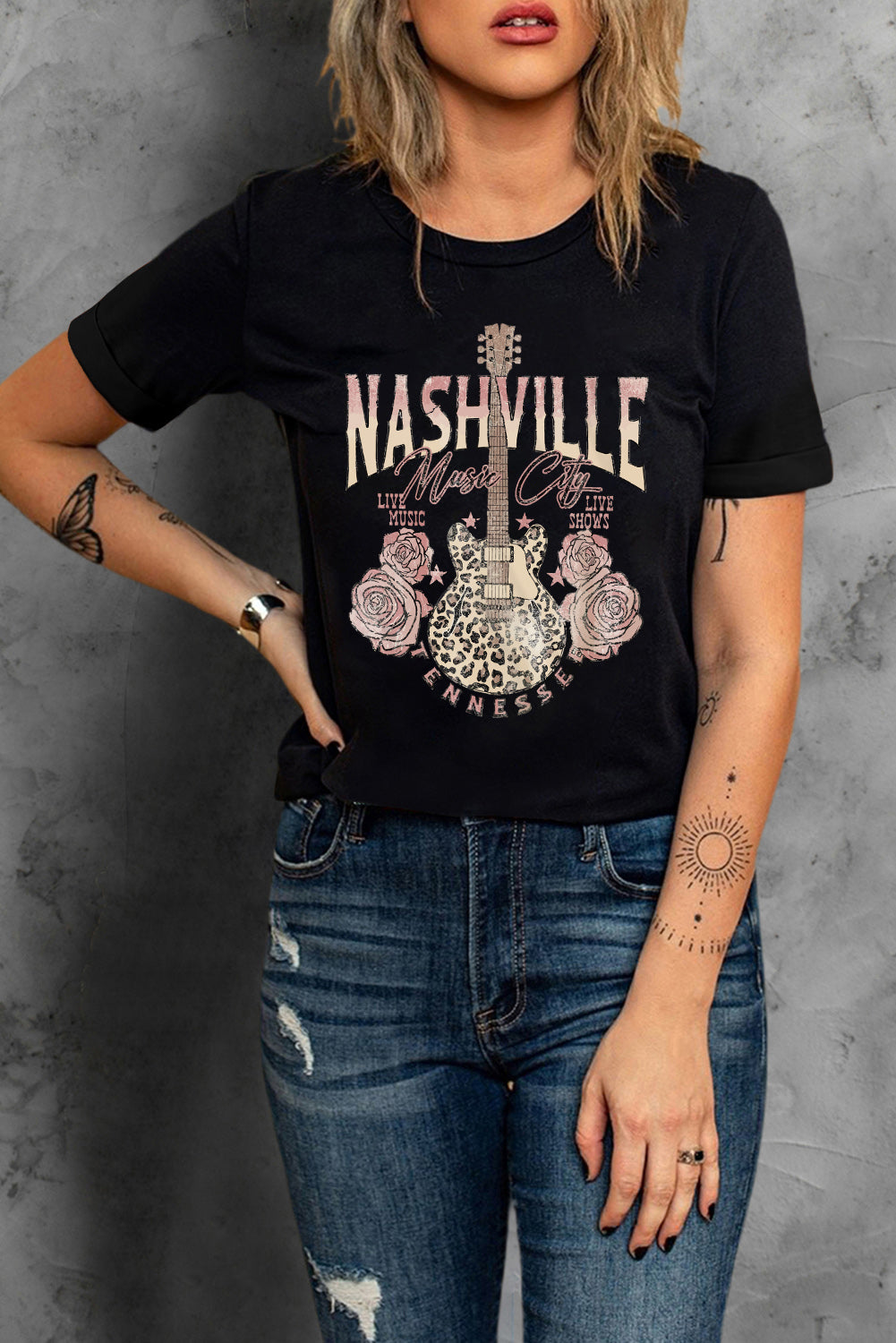 Black Nashville Music City Leopard Guitar Graphic T Shirt-Graphic/Graphic Tees-[Adult]-[Female]-2022 Online Blue Zone Planet
