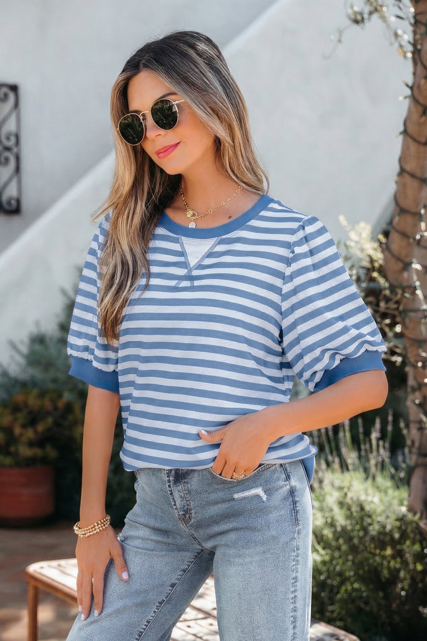 Orange Stripe Short Bubble Sleeve T Shirt-Tops/Tops & Tees-[Adult]-[Female]-2022 Online Blue Zone Planet