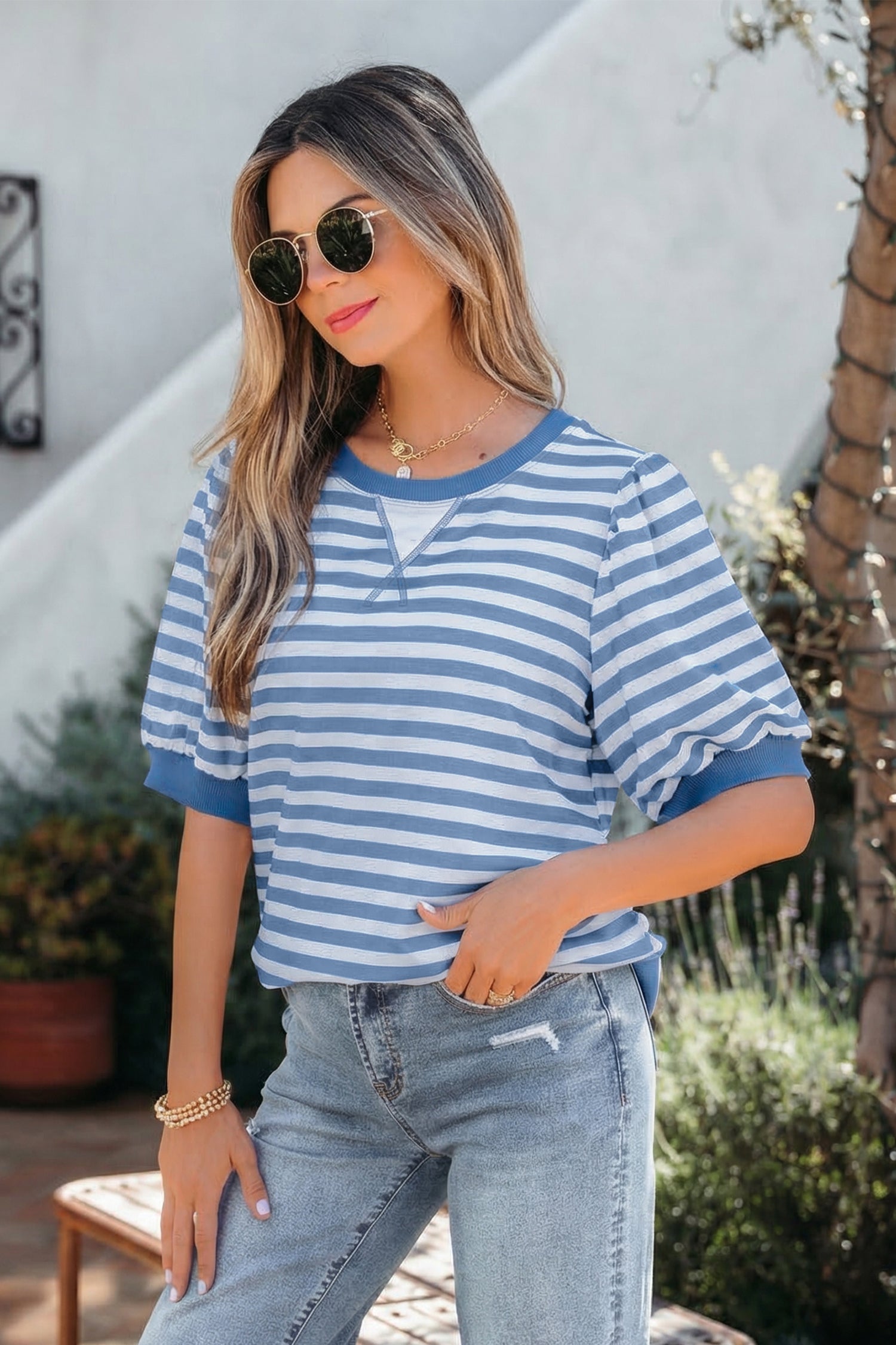 Orange Stripe Short Bubble Sleeve T Shirt-Tops/Tops & Tees-[Adult]-[Female]-2022 Online Blue Zone Planet