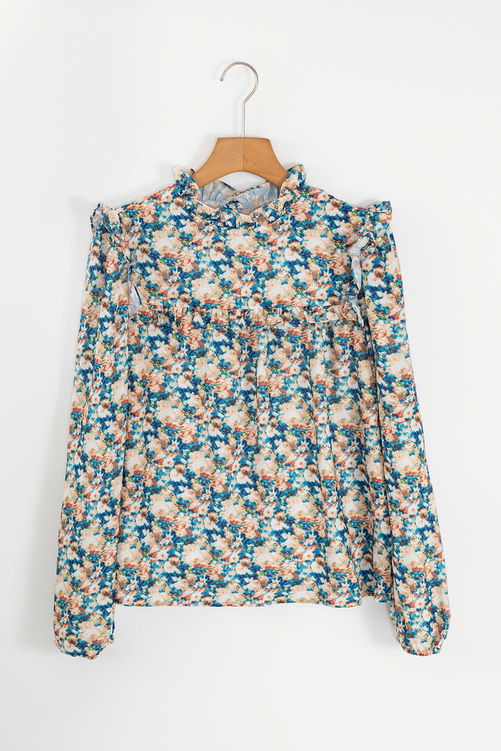 Sky Blue Floral Print Frilled Mock Neck Puff Sleeve Blouse-Tops/Blouses & Shirts-[Adult]-[Female]-2022 Online Blue Zone Planet