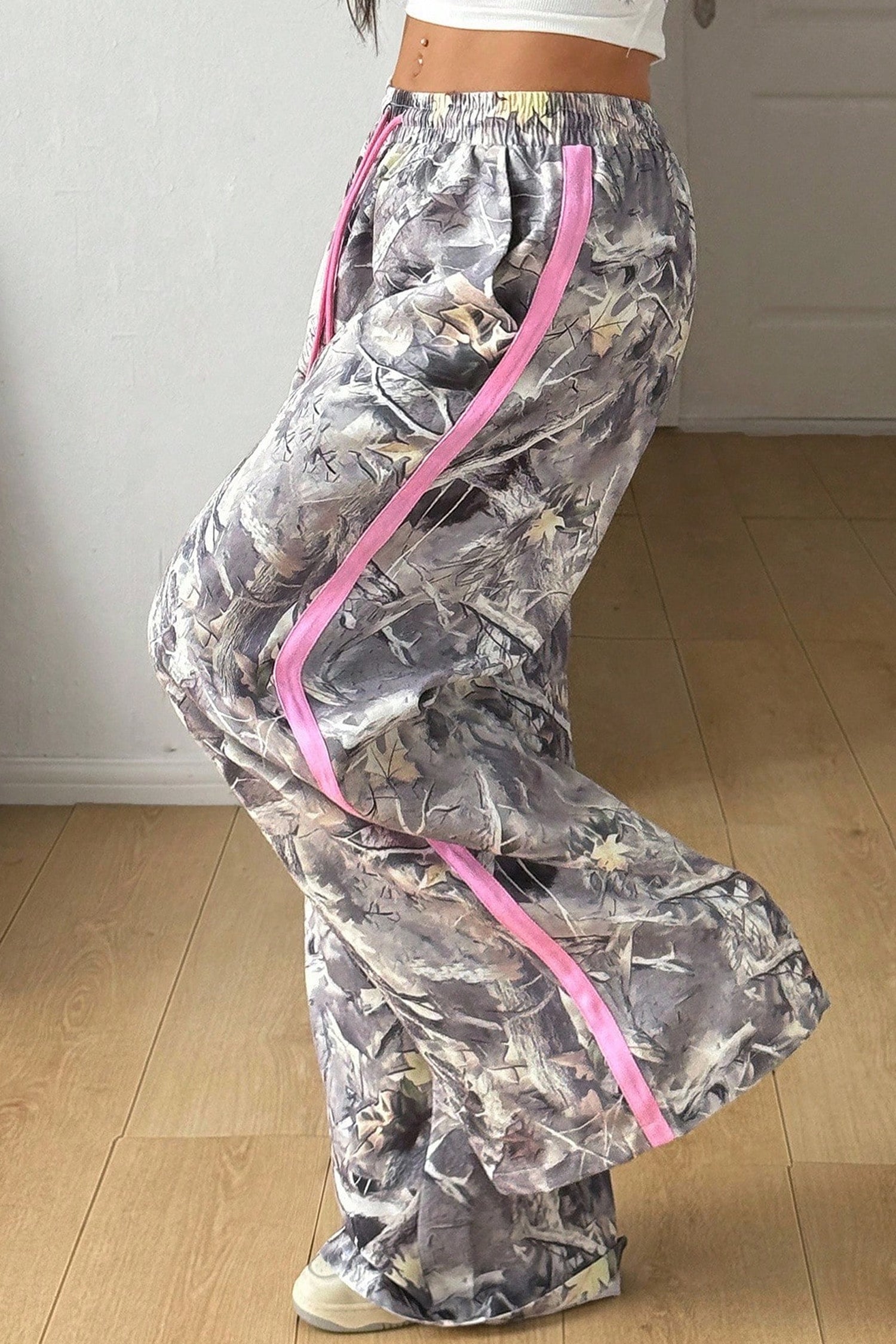 Gray Camo Woodland Print Color Block Detail Drawstring Wide Leg Sweatpants-Bottoms/Pants & Culotte-[Adult]-[Female]-2022 Online Blue Zone Planet