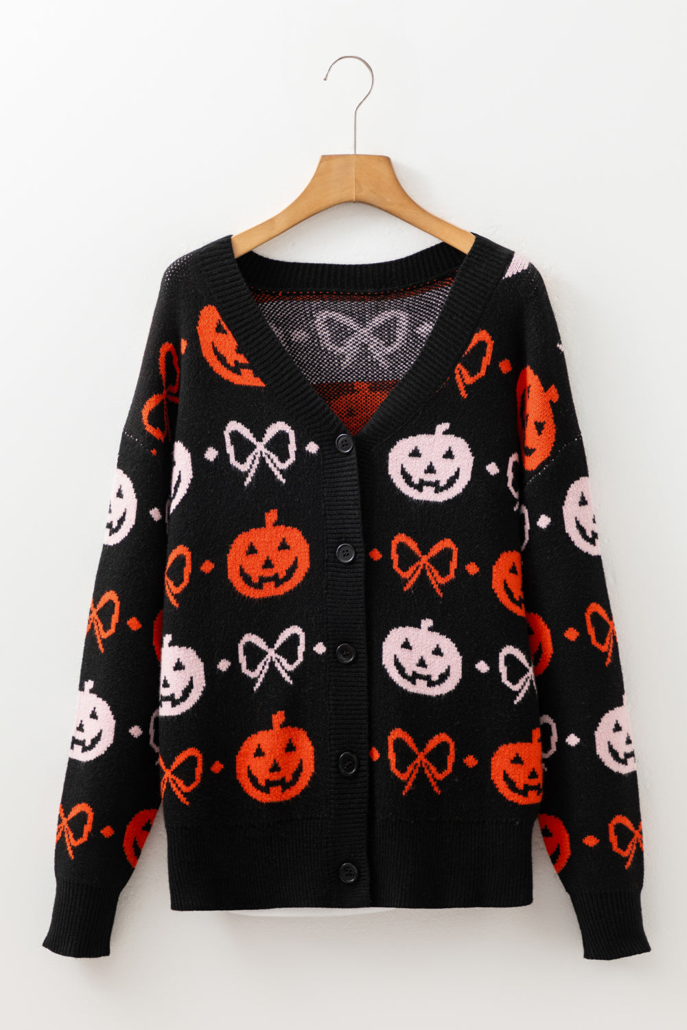 Black Halloween Pumpkin Bow Knit Button V Neck Sweater Cardigan-TOPS / DRESSES-[Adult]-[Female]-2022 Online Blue Zone Planet