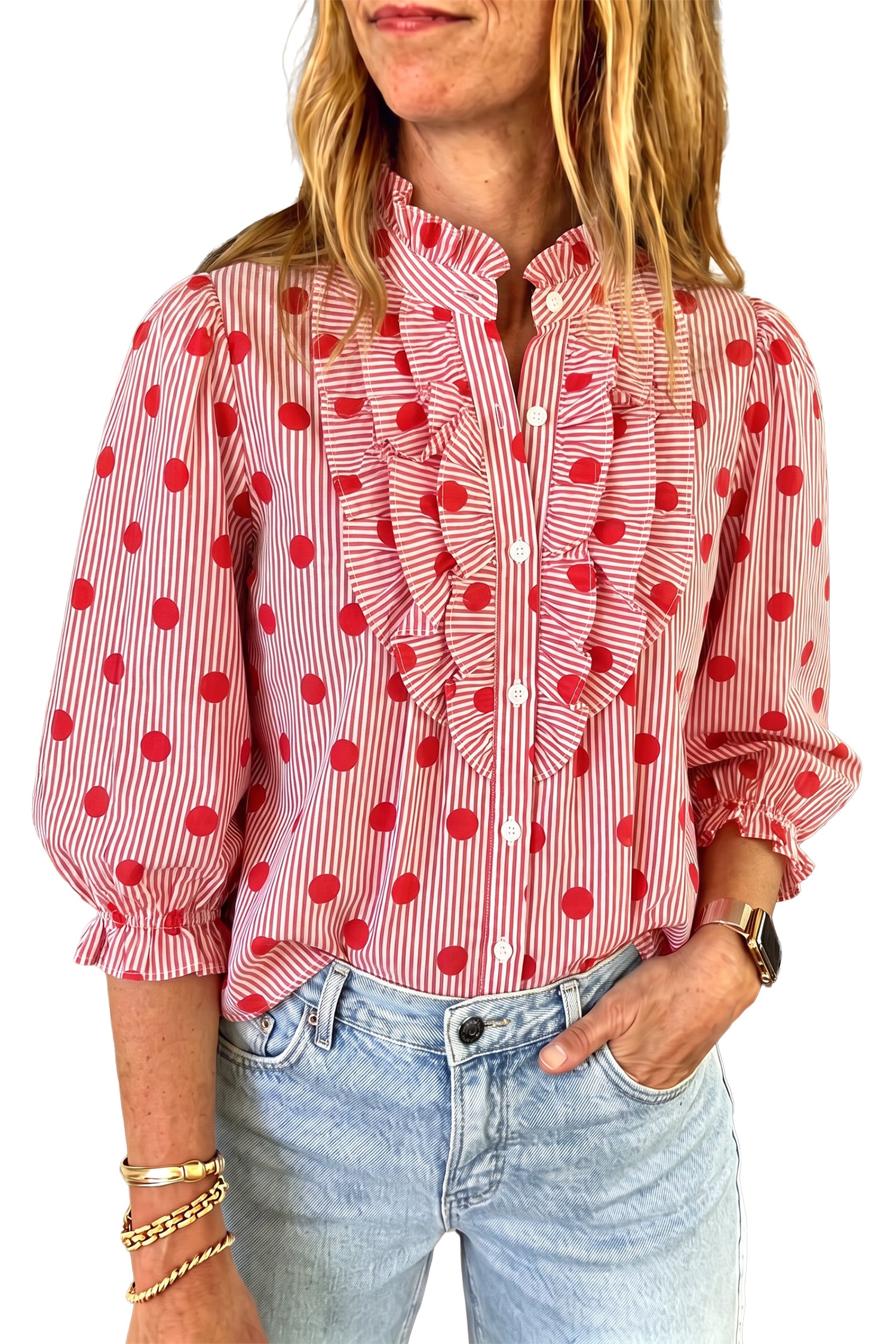 Fiery Red Polka Dot Striped Print Ruffle Stand Neck 3/4 Sleeve Shift Shirt-Tops/Blouses & Shirts-[Adult]-[Female]-2022 Online Blue Zone Planet