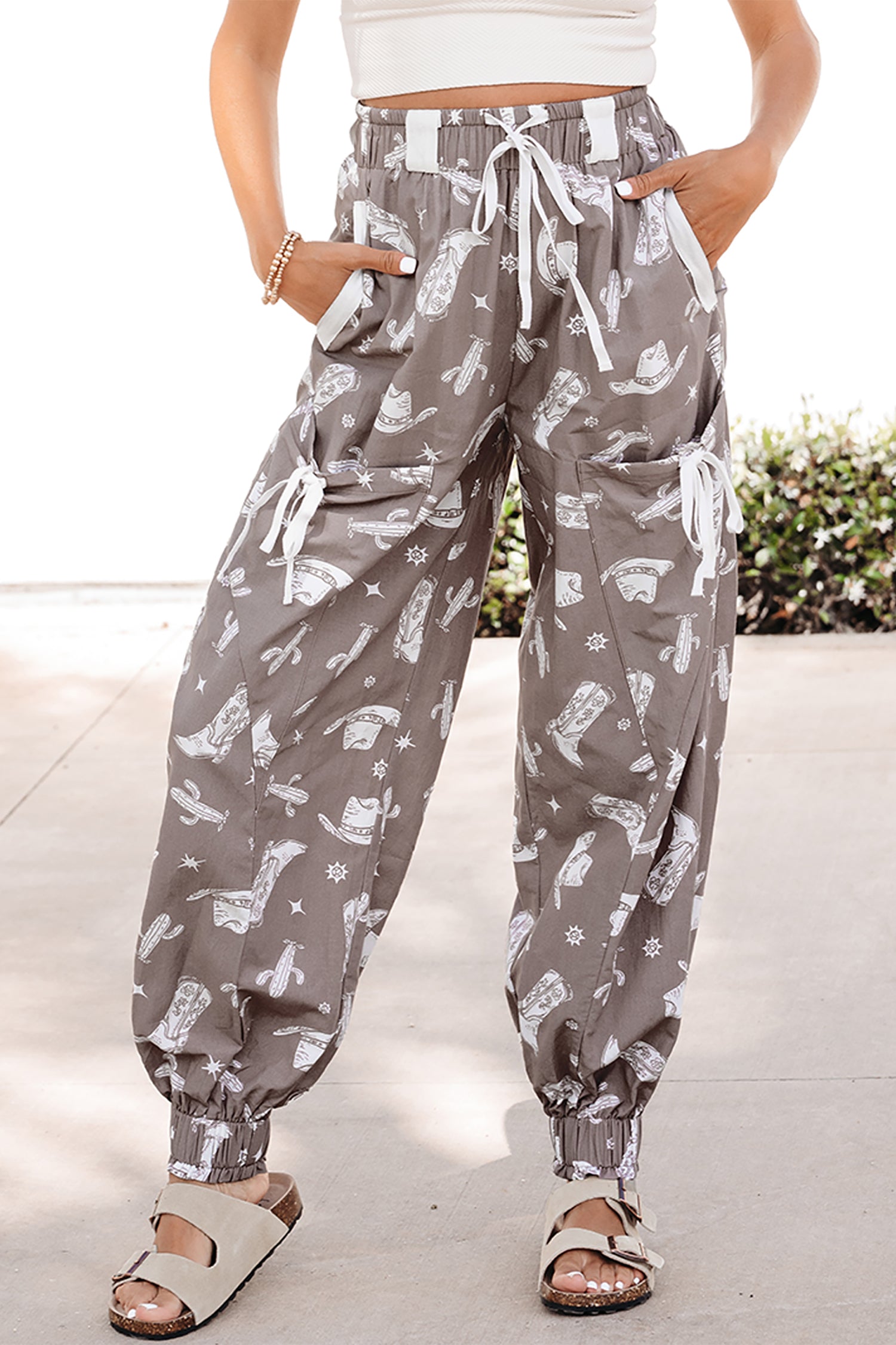 Khaki Western Cactus Cowgirl Hat Boot Printed Vintage Drawstring Jogger Pants-Bottoms/Pants & Culotte-[Adult]-[Female]-2022 Online Blue Zone Planet