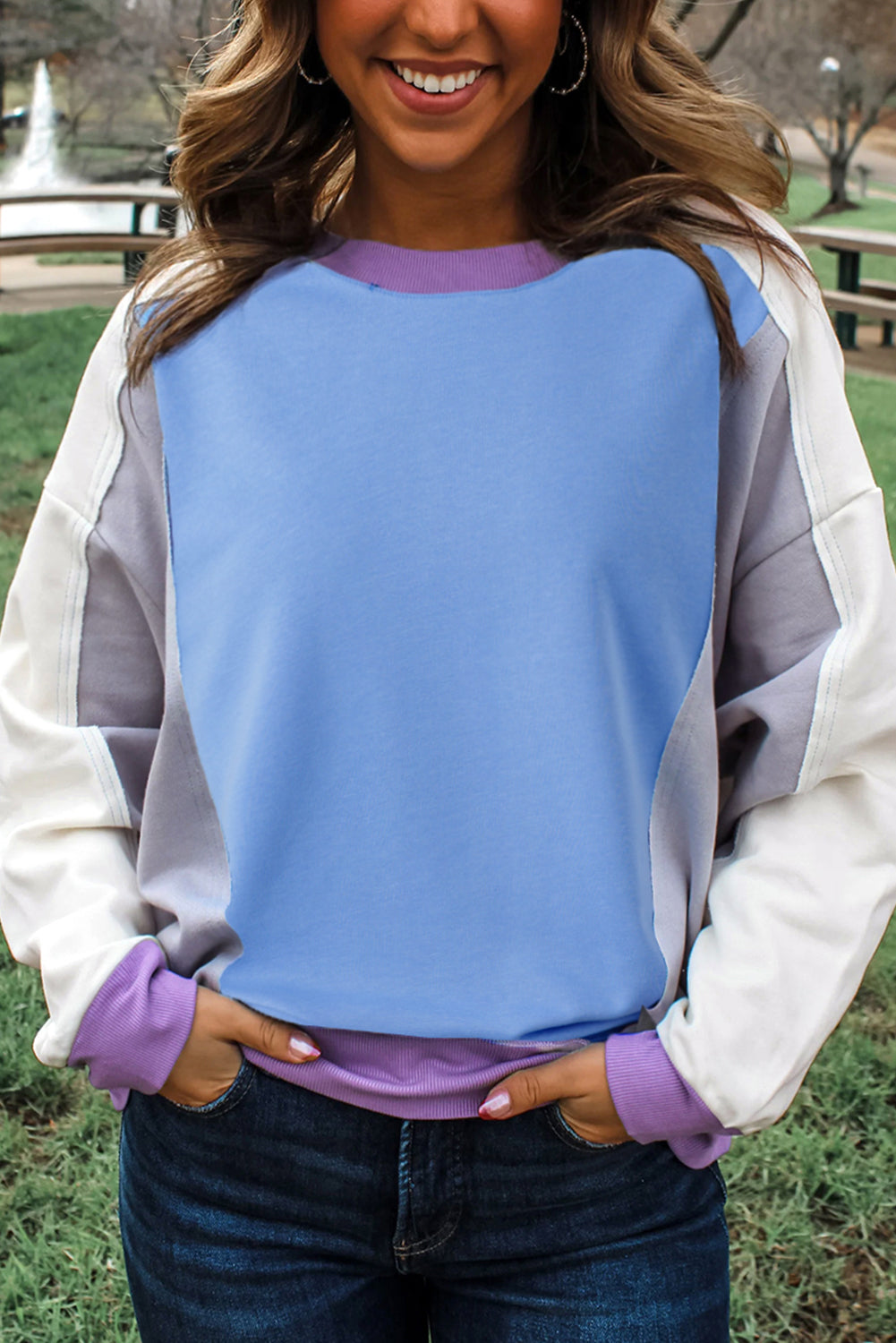 Blue Exposed Seam Colorblock Patchwork Ribbed Trim Pullover Sweatshirt-Tops/Sweatshirts & Hoodies-[Adult]-[Female]-Blue-S-2022 Online Blue Zone Planet