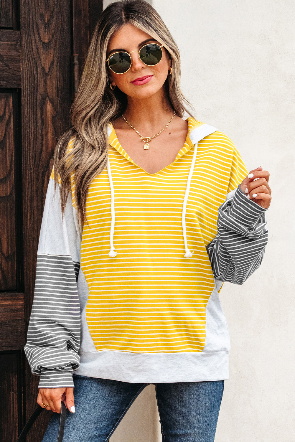 Yellow Stripe Color Block Drawstring V Neck Loose Fit Hooded Top-Tops/Sweatshirts & Hoodies-[Adult]-[Female]-2022 Online Blue Zone Planet