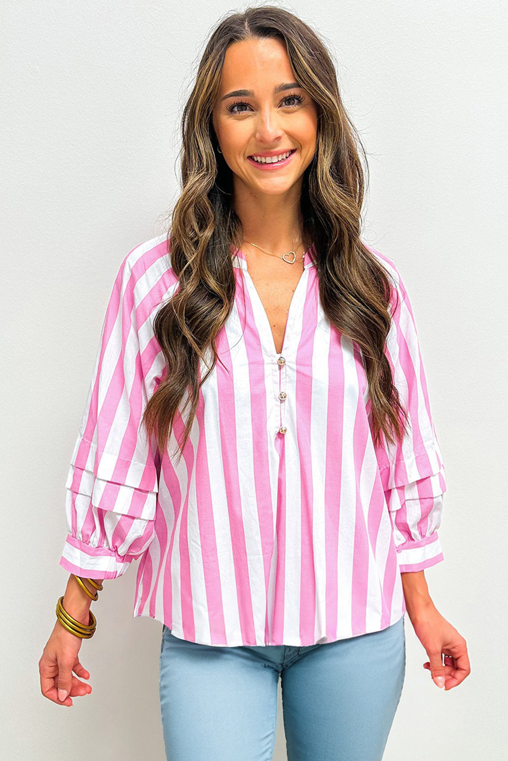 Rose Stripe Split Neck Button Decor Front Puff Sleeve Blouse-Tops/Blouses & Shirts-[Adult]-[Female]-2022 Online Blue Zone Planet