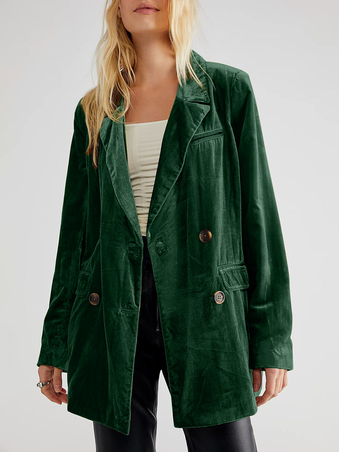 Lapel Collar Long Sleeve Blazer with Pockets-TOPS / DRESSES-[Adult]-[Female]-Dark Green-S-2022 Online Blue Zone Planet