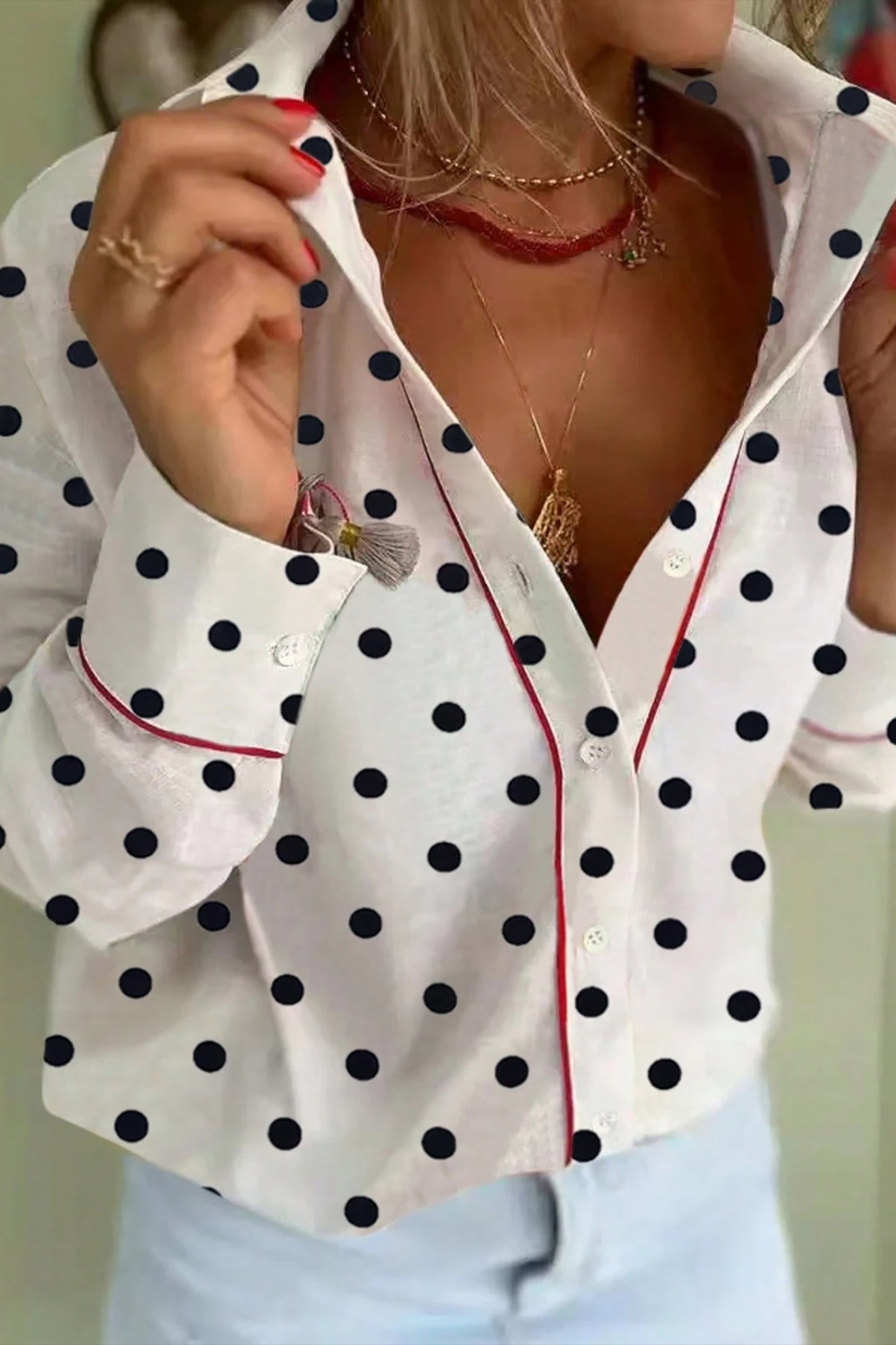 White Polka Dot Print Contrast Piping Elegant Shirt-Tops/Blouses & Shirts-[Adult]-[Female]-2022 Online Blue Zone Planet