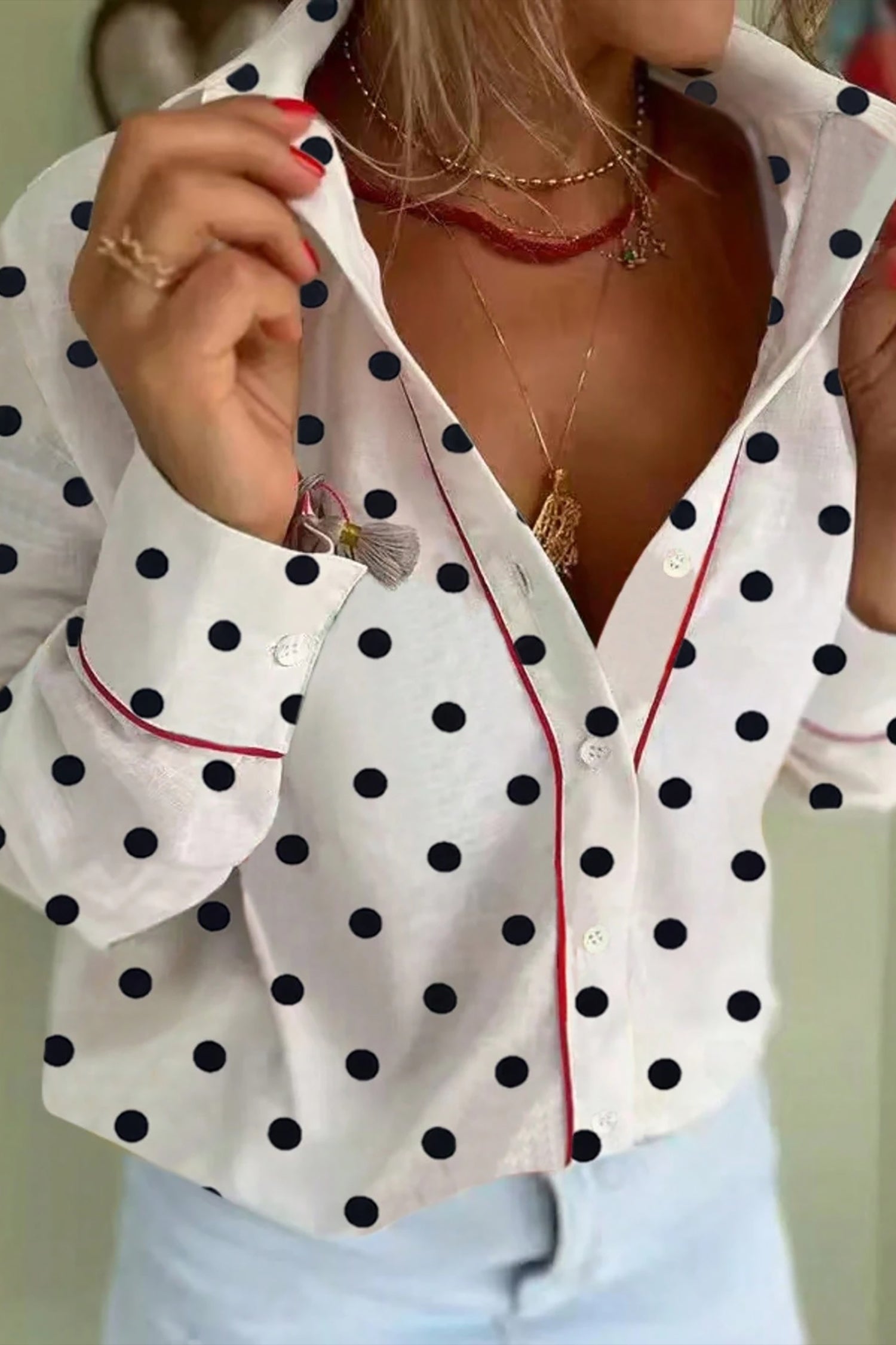 White Polka Dot Print Contrast Piping Elegant Shirt-Tops/Blouses & Shirts-[Adult]-[Female]-2022 Online Blue Zone Planet