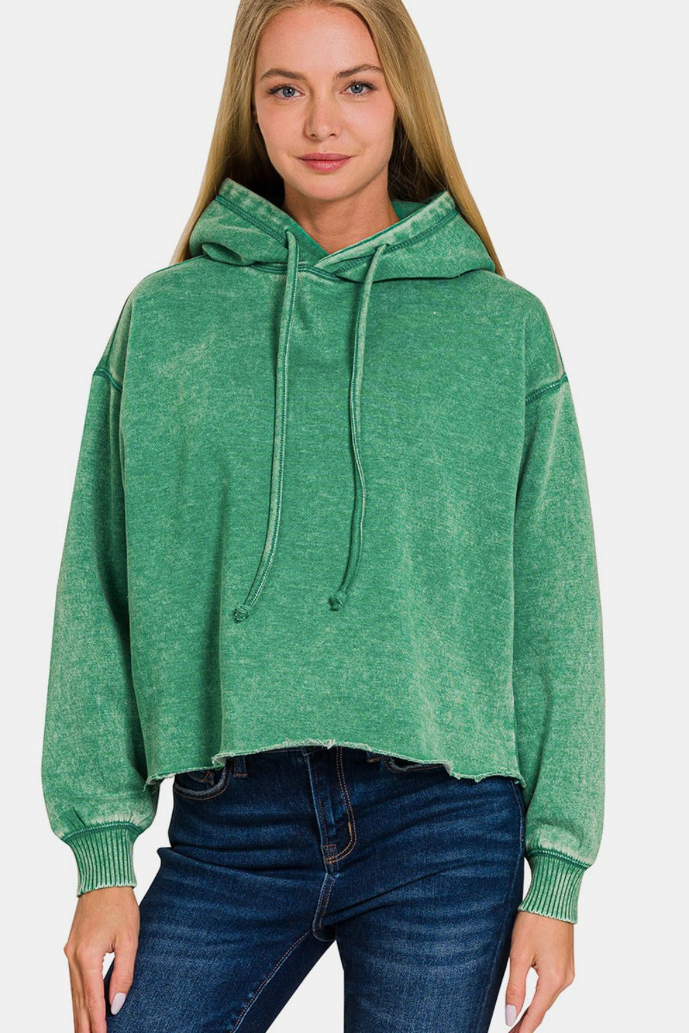 Zenana Acid Wash Fleece Cropped Hoodie-TOPS / DRESSES-[Adult]-[Female]-Forest-S-2022 Online Blue Zone Planet