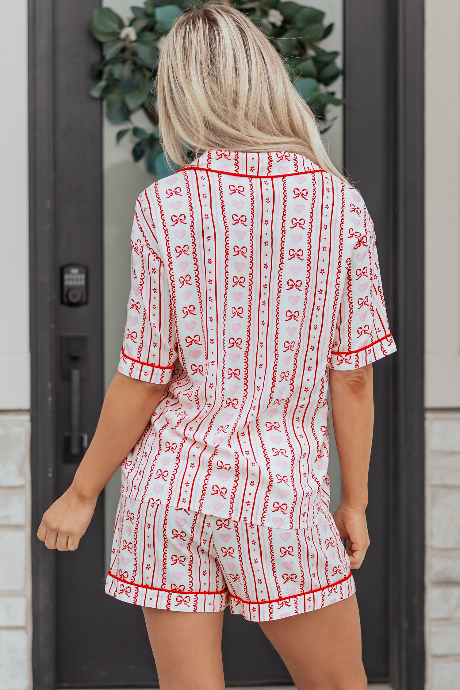 Red Cute Bow Heart Print Ribbon Decor Short 2pcs Pajama Set-Loungewear & Sleepwear/Sleepwear-[Adult]-[Female]-2022 Online Blue Zone Planet