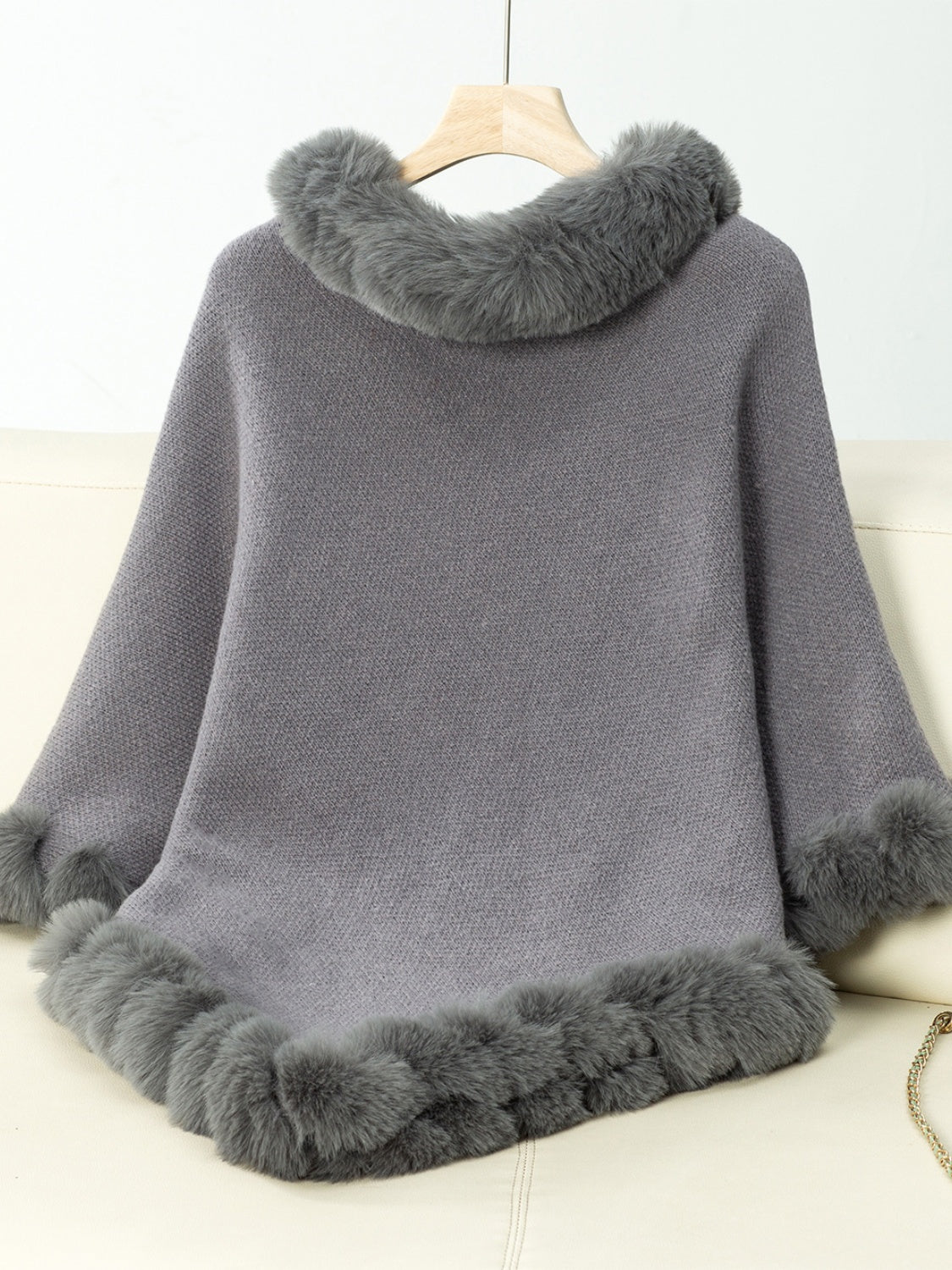 Fuzzy Trim Texture Three-Quarter Sleeve Poncho-TOPS / DRESSES-[Adult]-[Female]-2022 Online Blue Zone Planet