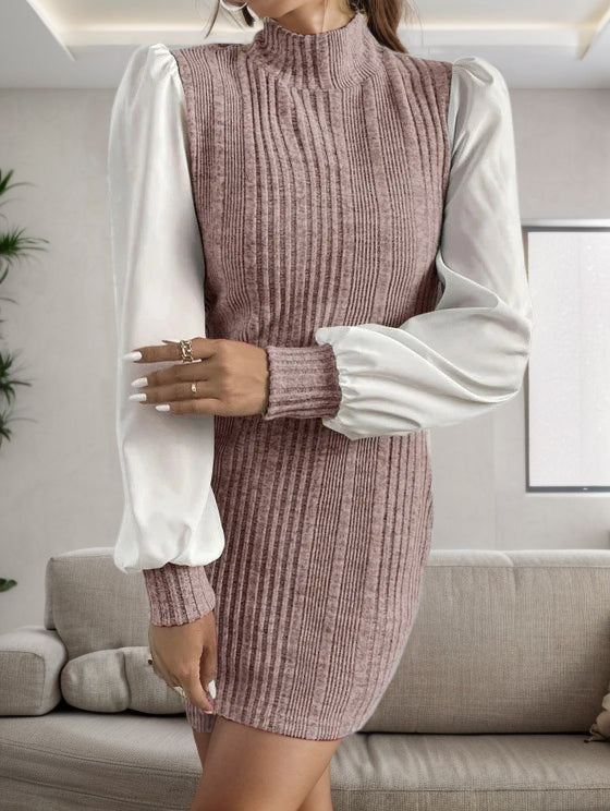 Ribbed Contrast Long Sleeve Sweater Dress-TOPS / DRESSES-[Adult]-[Female]-2022 Online Blue Zone Planet