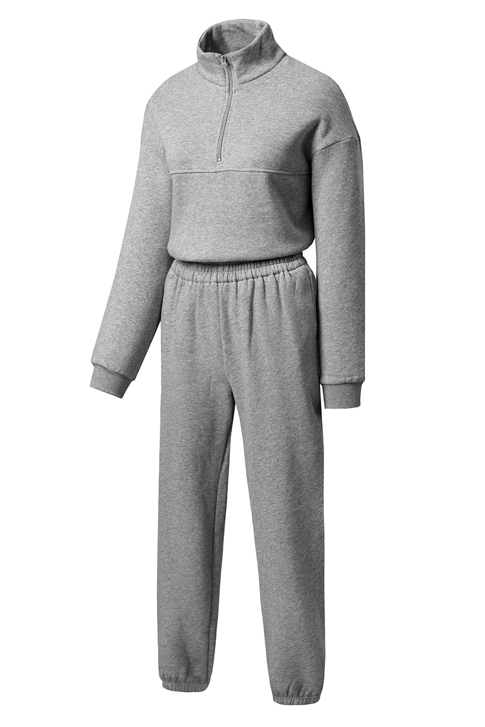 Light Grey Half Zip Drop Shoulder Sweatshirt And Sweatpants Two Piece Set-Two Piece Pants Sets-[Adult]-[Female]-2022 Online Blue Zone Planet