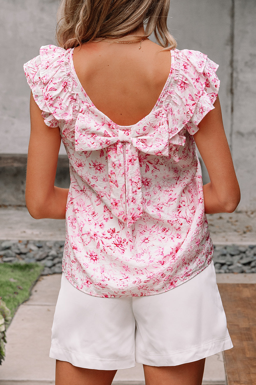 Pink Floral Ruffled Short Sleeve Bow Back Square Neck Blouse-Tops/Blouses & Shirts-[Adult]-[Female]-2022 Online Blue Zone Planet