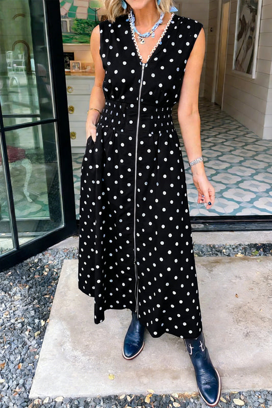 Black Polka Dot Print Contrast Trim V Neck Zip Up Sleeveless Dress-TOPS / DRESSES-[Adult]-[Female]-Black-S-2022 Online Blue Zone Planet
