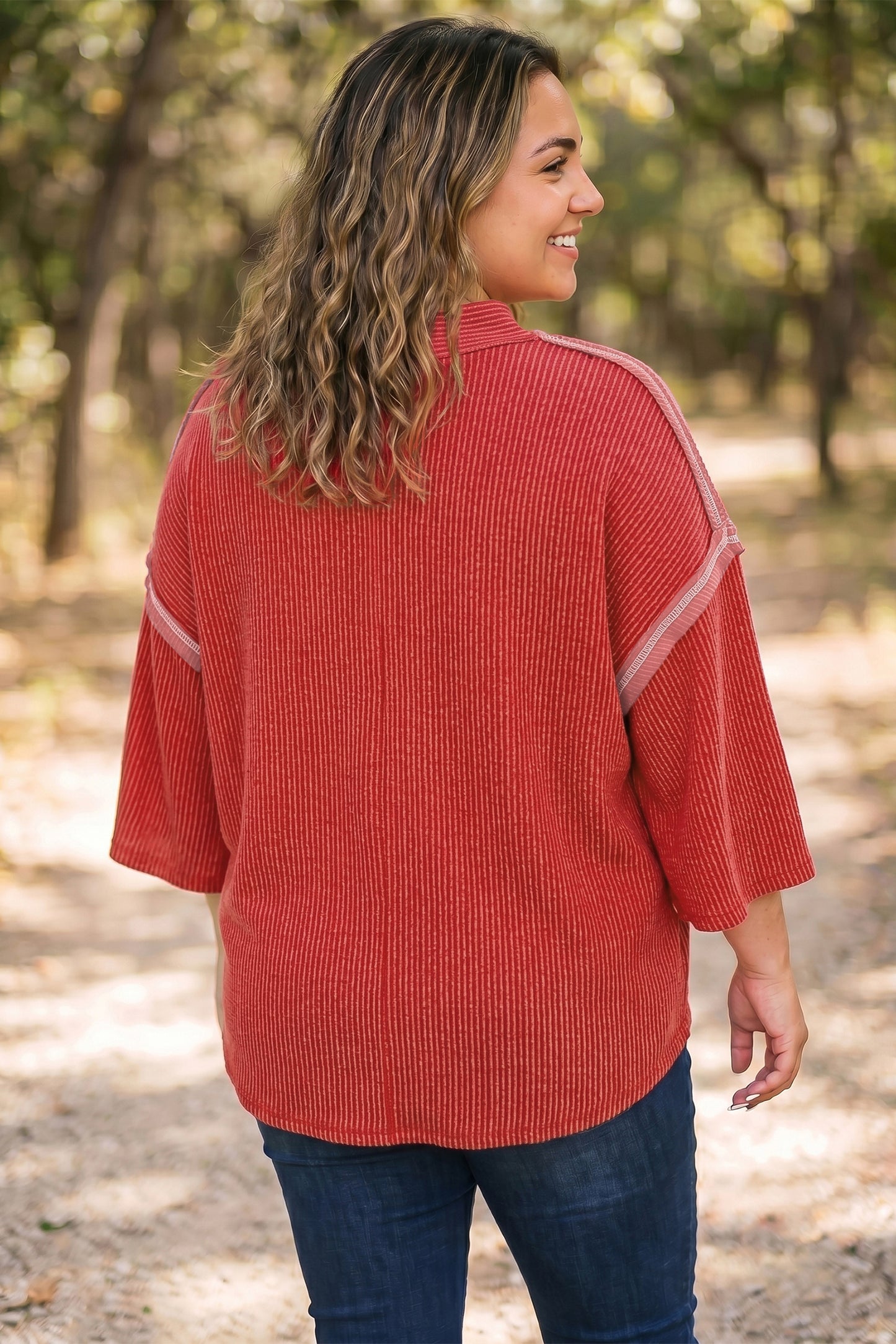 Fiery Red Twist Ribbed Tunic Round Neck Bracelet Sleeve Plus Size Blouse-Plus Size/Plus Size Tops/Plus Size Tops & Tees-[Adult]-[Female]-2022 Online Blue Zone Planet