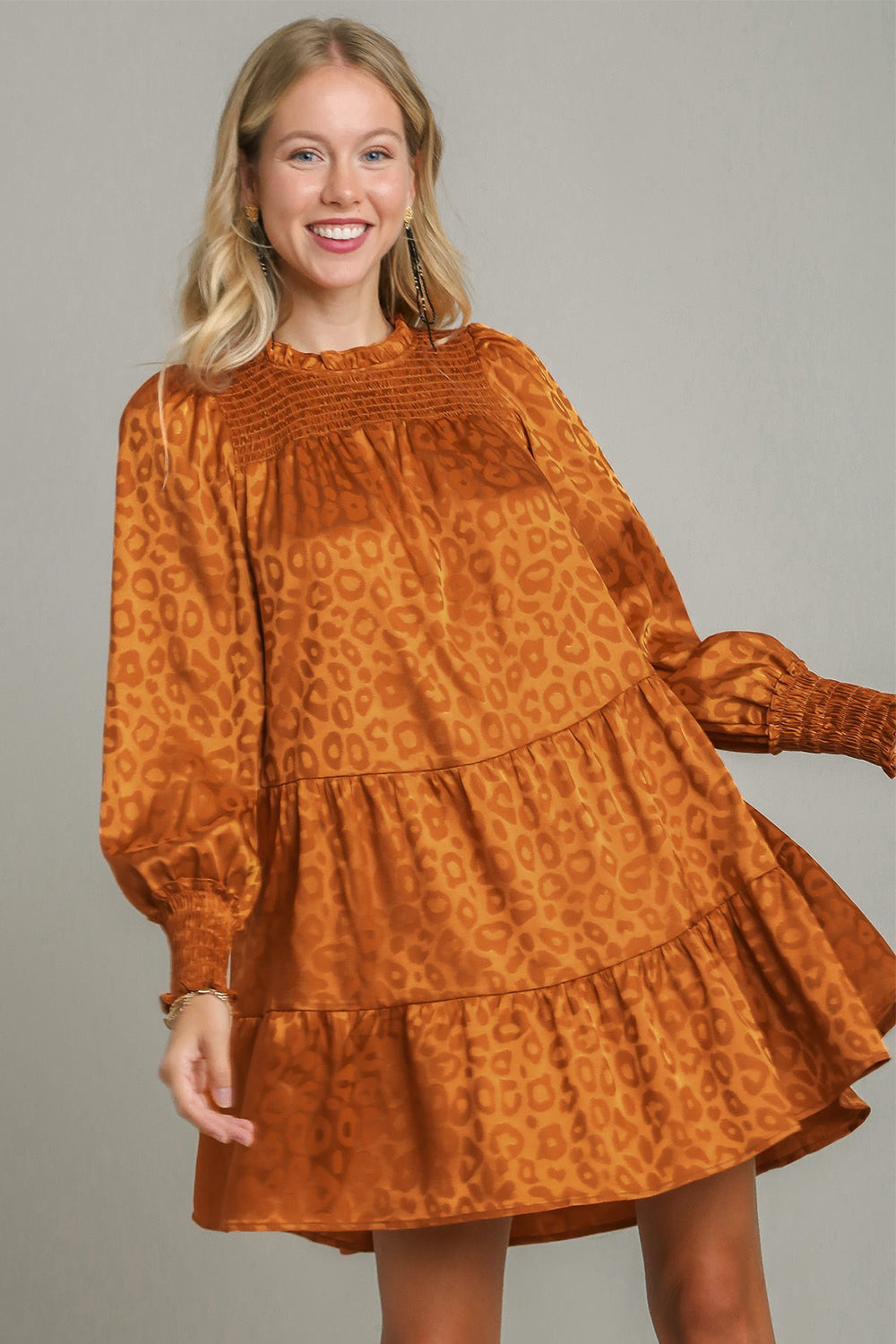 Blue Zone Planet | Umgee Smocked Leopard Long Sleeve Tiered Dress-TOPS / DRESSES-[Adult]-[Female]-Copper-S-2022 Online Blue Zone Planet